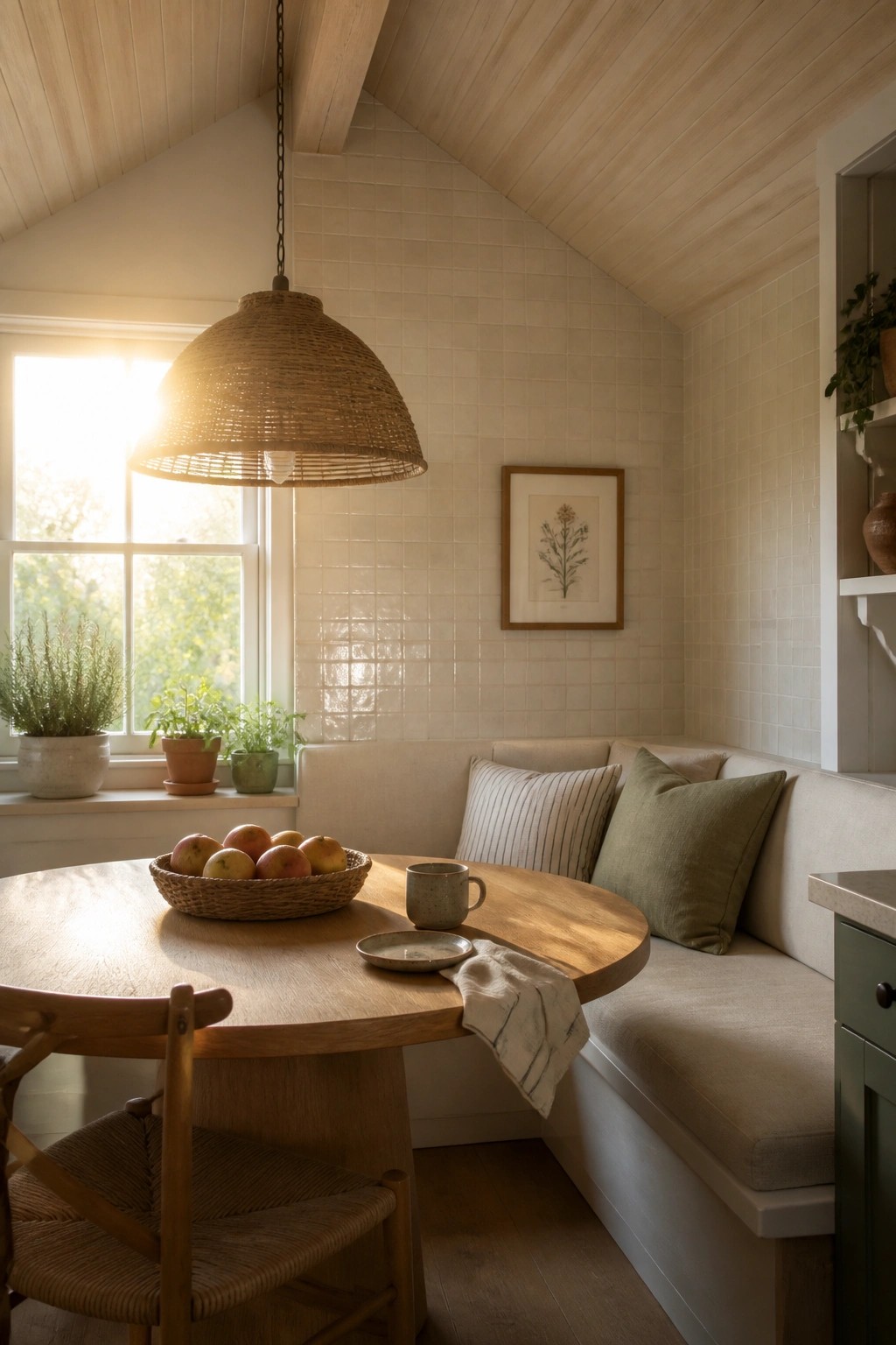 A dining nook with a round wooden table, built-in bench, woven pendant light, and light wood plank ceiling.