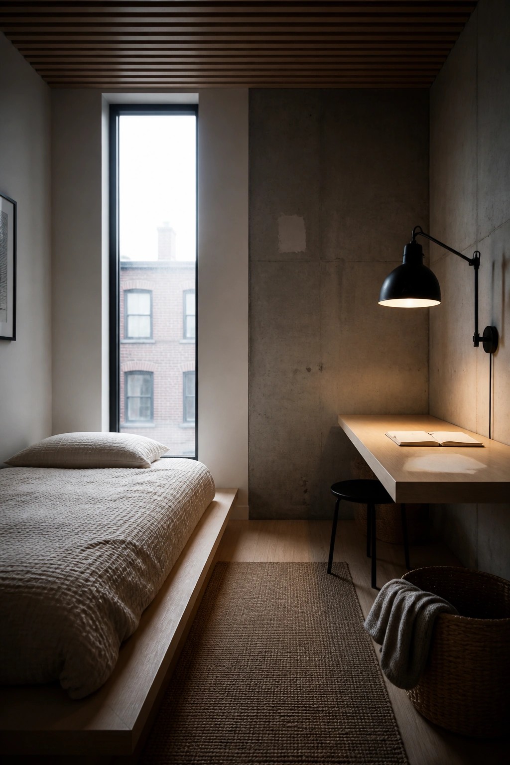 A minimalist bedroom interior with a bed on a low wood platform, a tall narrow window, a concrete wall, and a wood slat ceiling above a simple desk with a wall lamp.