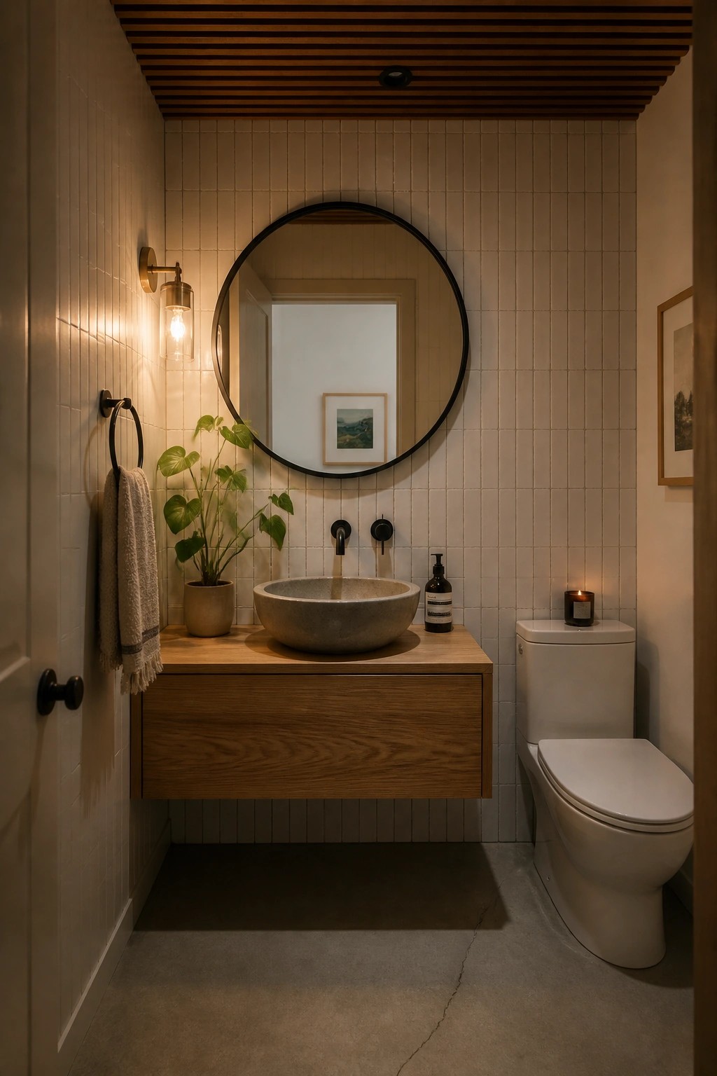 A bathroom with white vertical tile walls, a floating wood vanity with a stone vessel sink, a round black mirror, and a ceiling finished with dark wood slats.