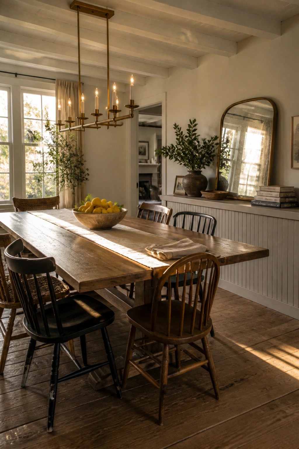 A dining room interior showing a white wood ceiling with exposed beams, a long wooden table, and mixed wooden chairs under a brass chandelier.