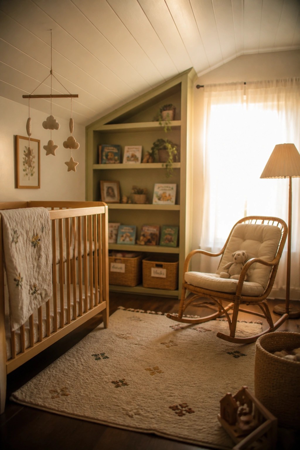 A nursery room with a wooden crib, wicker rocking chair, and built-in green shelves under a white wood plank ceiling.
