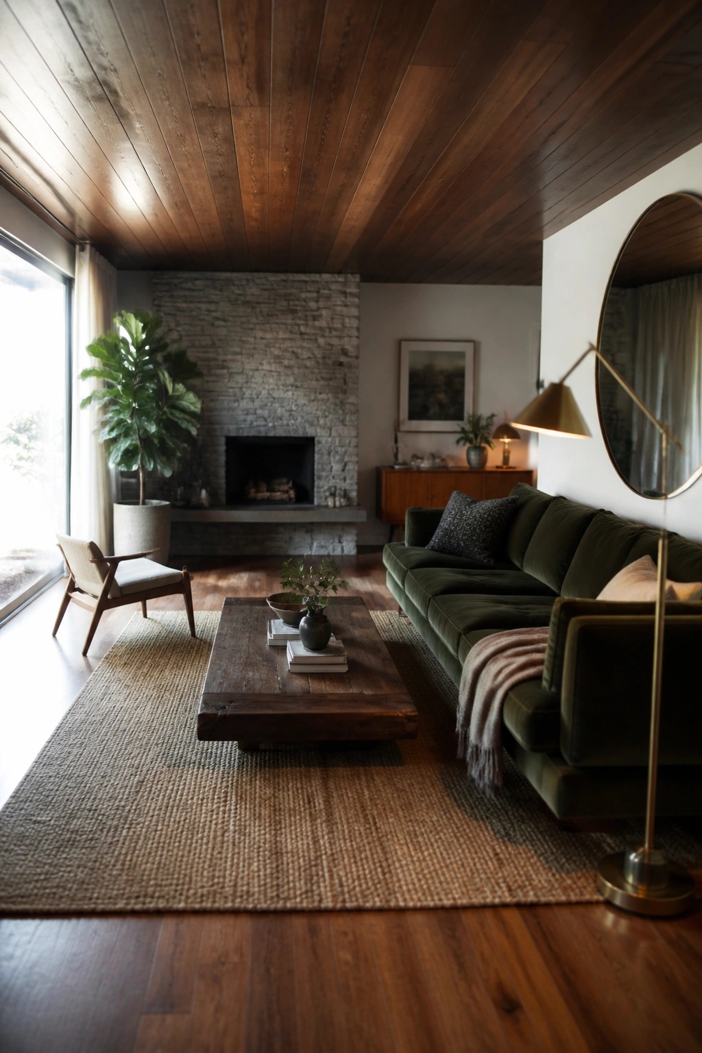 A living room with a dark wood plank ceiling, green sofa, wooden coffee table, and stone fireplace.