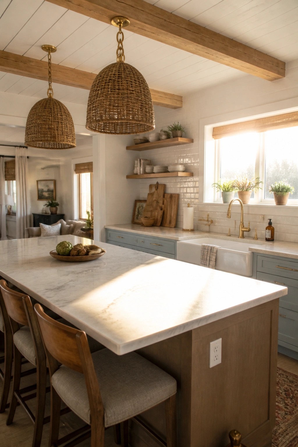 A bright kitchen with a large marble-topped island, wooden bar stools, light blue cabinets, white subway tile backsplash, and multiple exposed wooden ceiling beams with woven pendant lights.