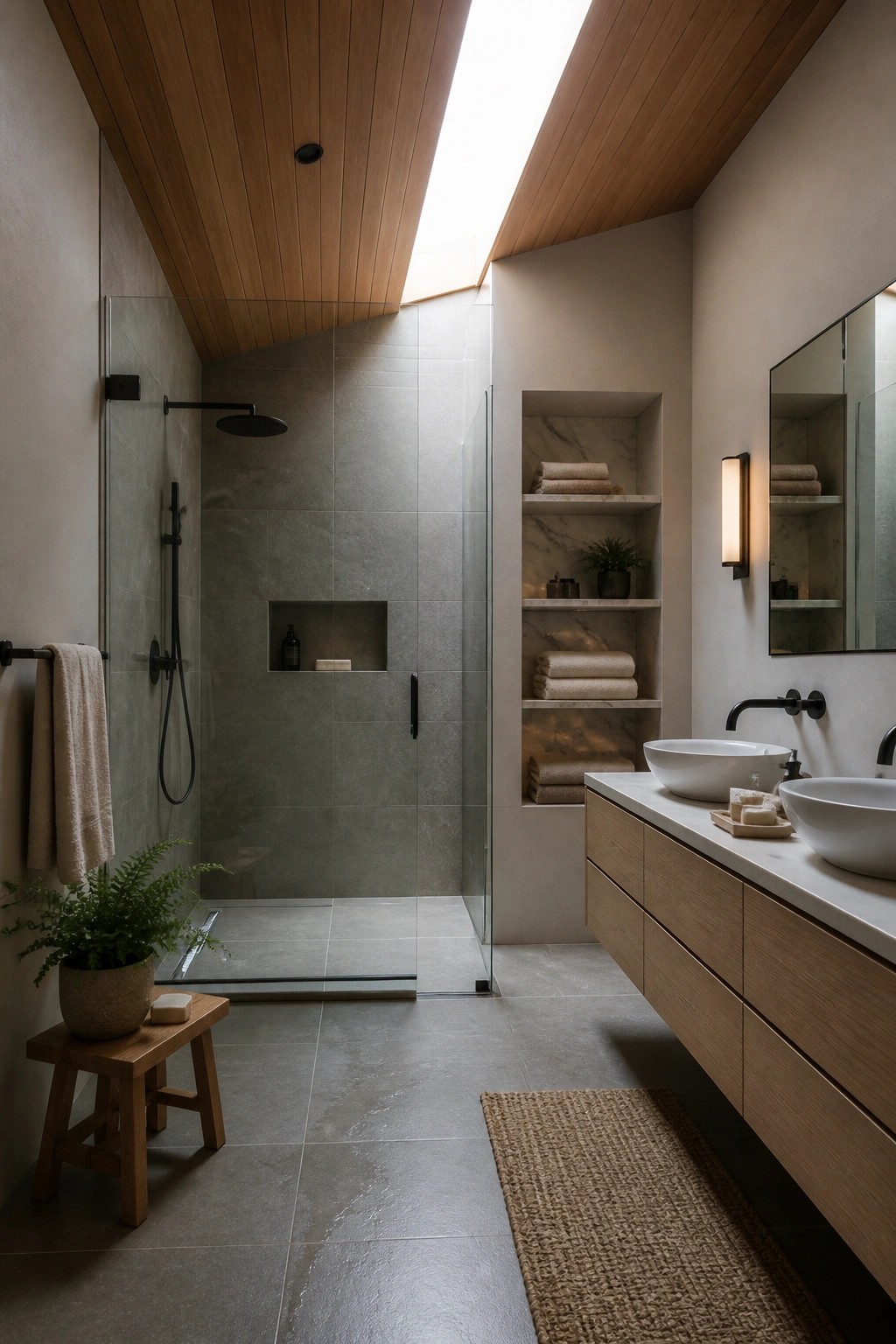 A bathroom interior with a wood plank ceiling, skylight, glass shower, built-in marble shelves, and a wooden double vanity with white vessel sinks.