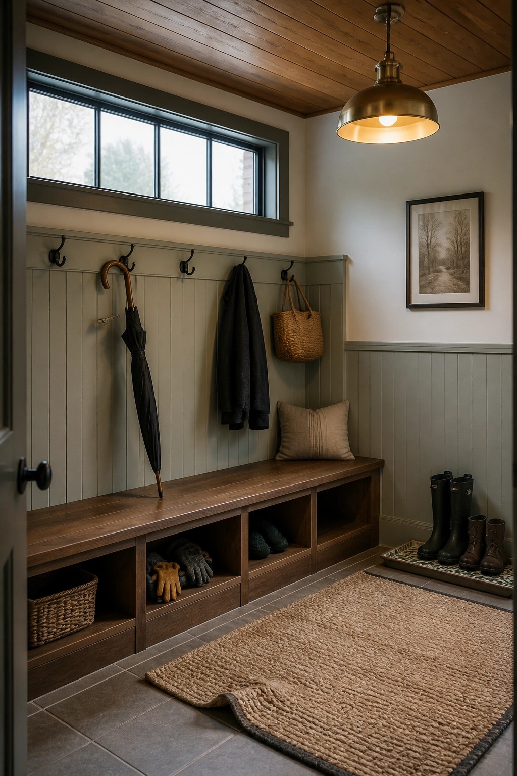 A mudroom interior with a wood plank ceiling, wall hooks holding an umbrella and jacket, a built-in wooden bench with storage cubbies, and boots on a tray beside a woven rug.