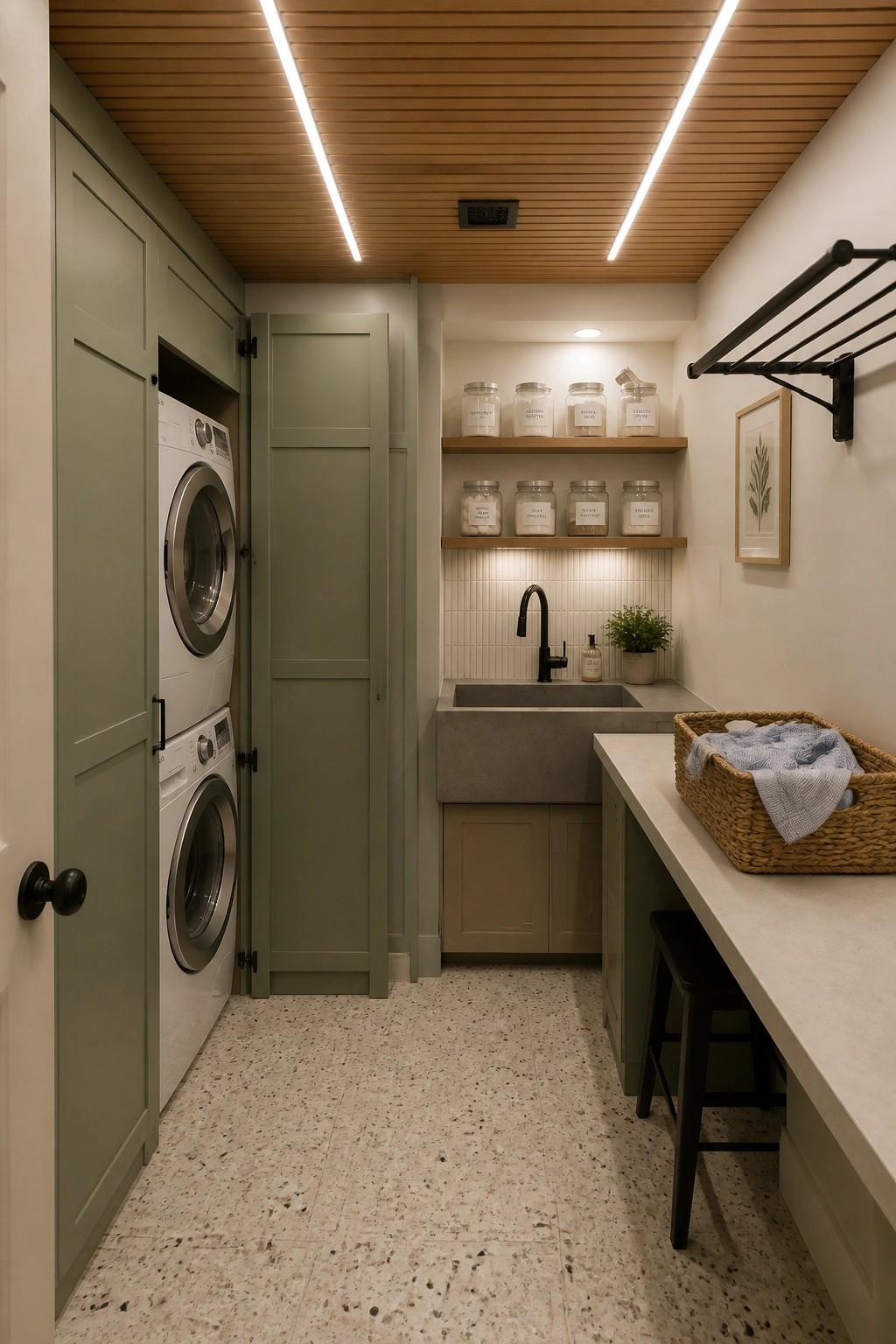 A narrow laundry room featuring a wood slat ceiling with linear lights, sage green cabinetry, stacked washer and dryer, and a concrete sink.