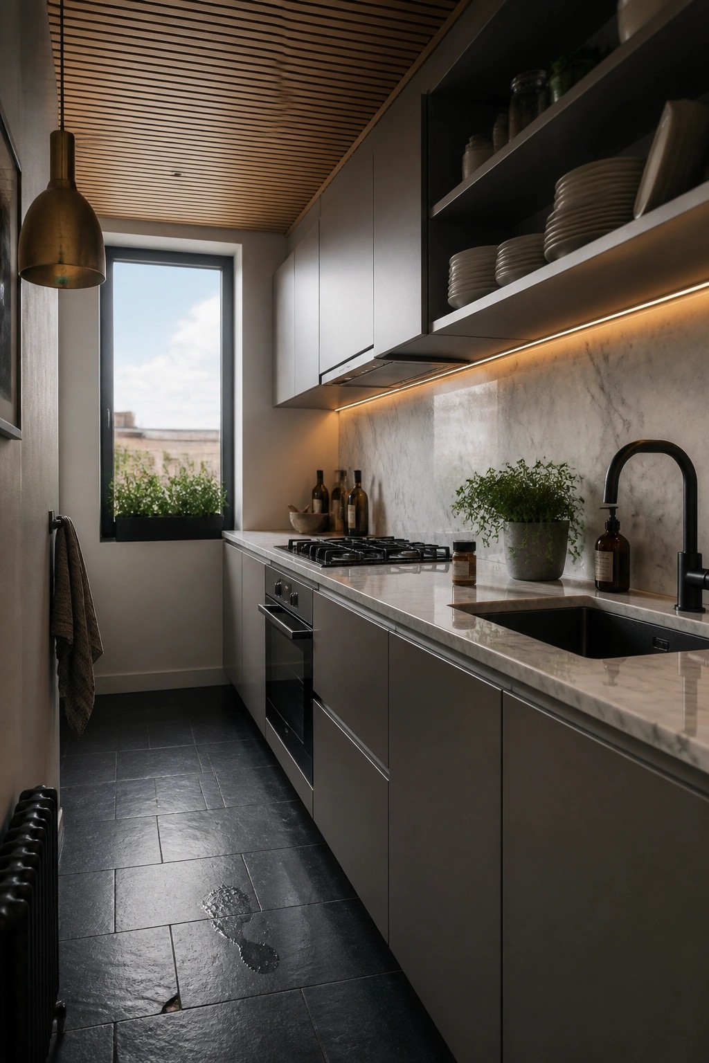 A narrow modern kitchen with gray cabinets, marble backsplash, black sink and faucet, gas cooktop, and a wood slat ceiling.