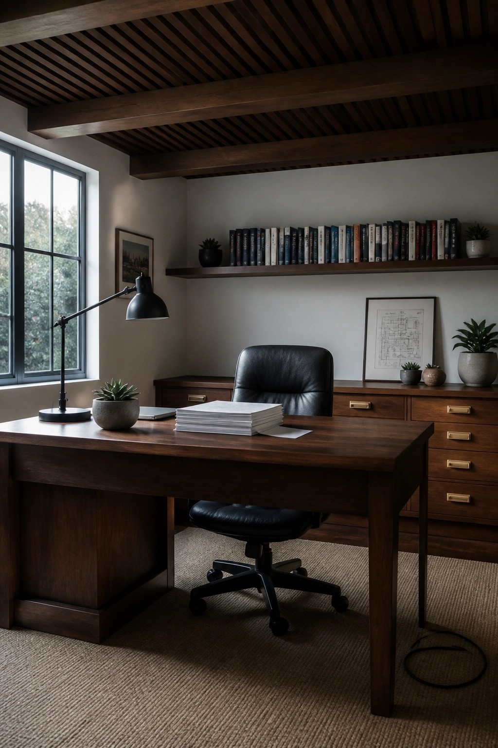 A home office with a dark wood slat ceiling and exposed beams, a large wooden desk, black leather chair, and a window on the left wall.