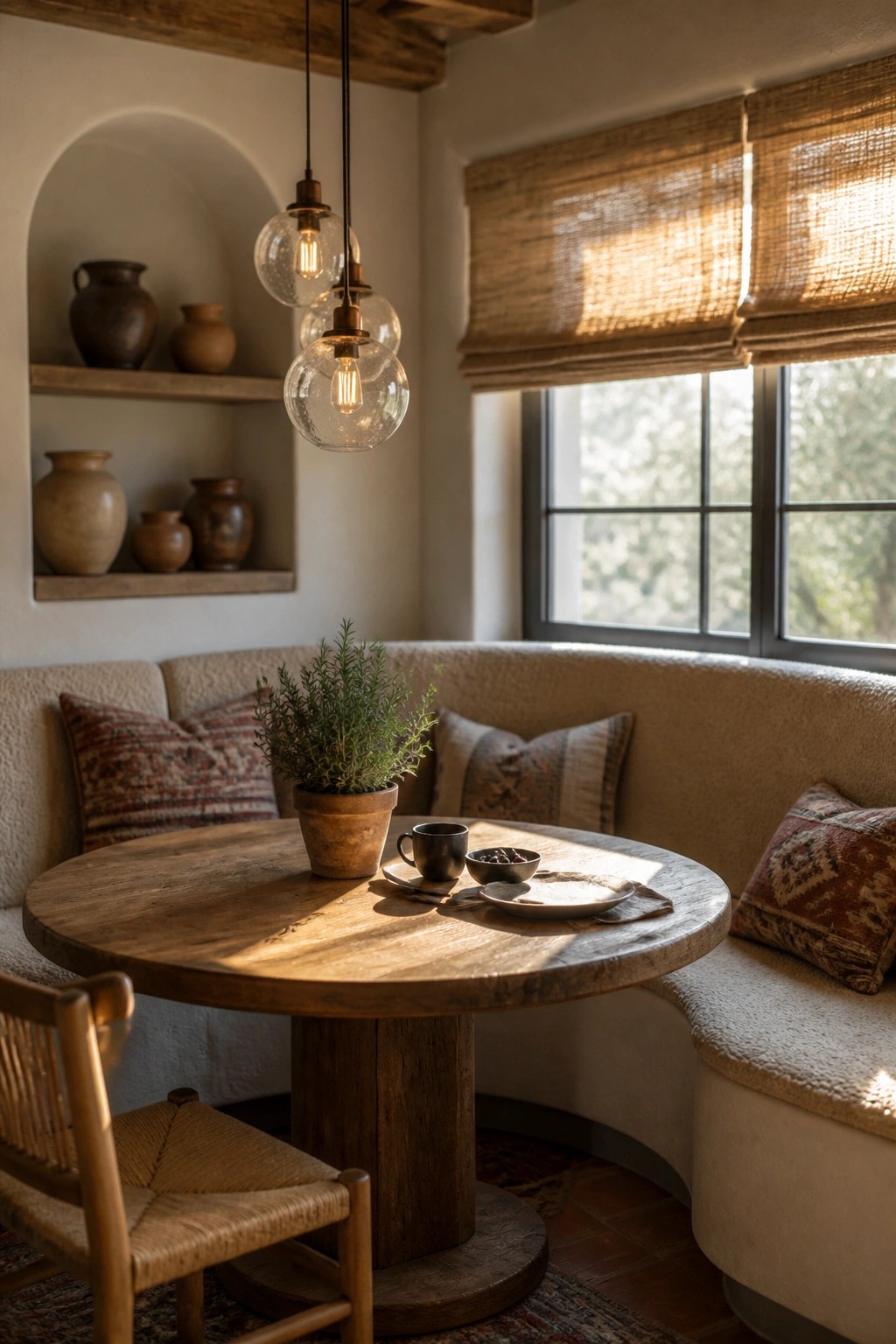 A round wooden table sits in front of a curved built-in bench with patterned pillows, under glass pendant lights, next to a window with woven shades.