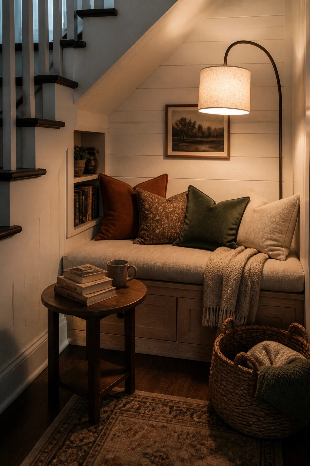 A built-in wooden bench under a staircase holds layered pillows, a folded throw, and a floor lamp beside a round side table with stacked books.