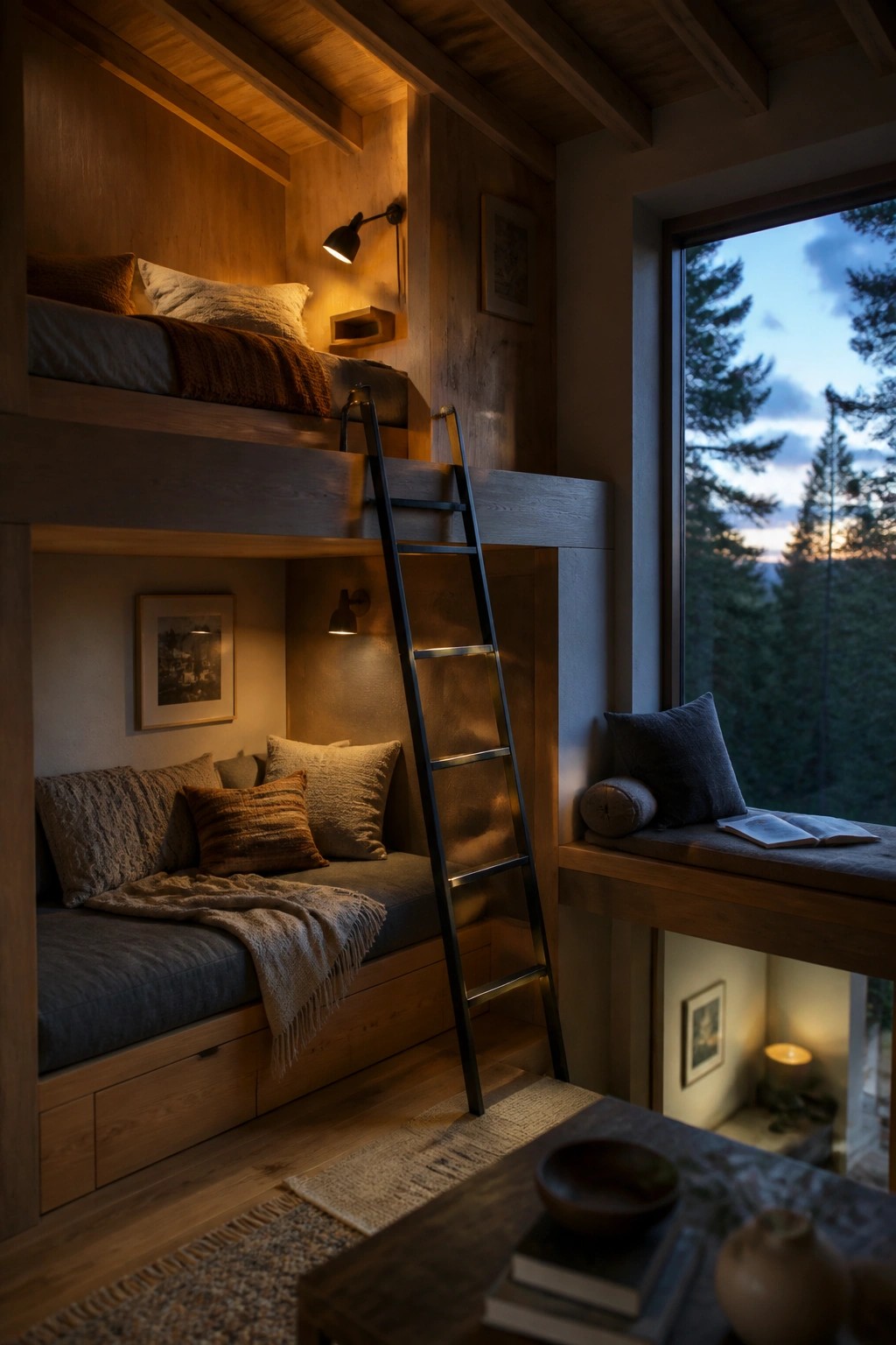 A wooden interior with built-in upper and lower bunks, a black ladder, and a cushioned window seat beside a large window.