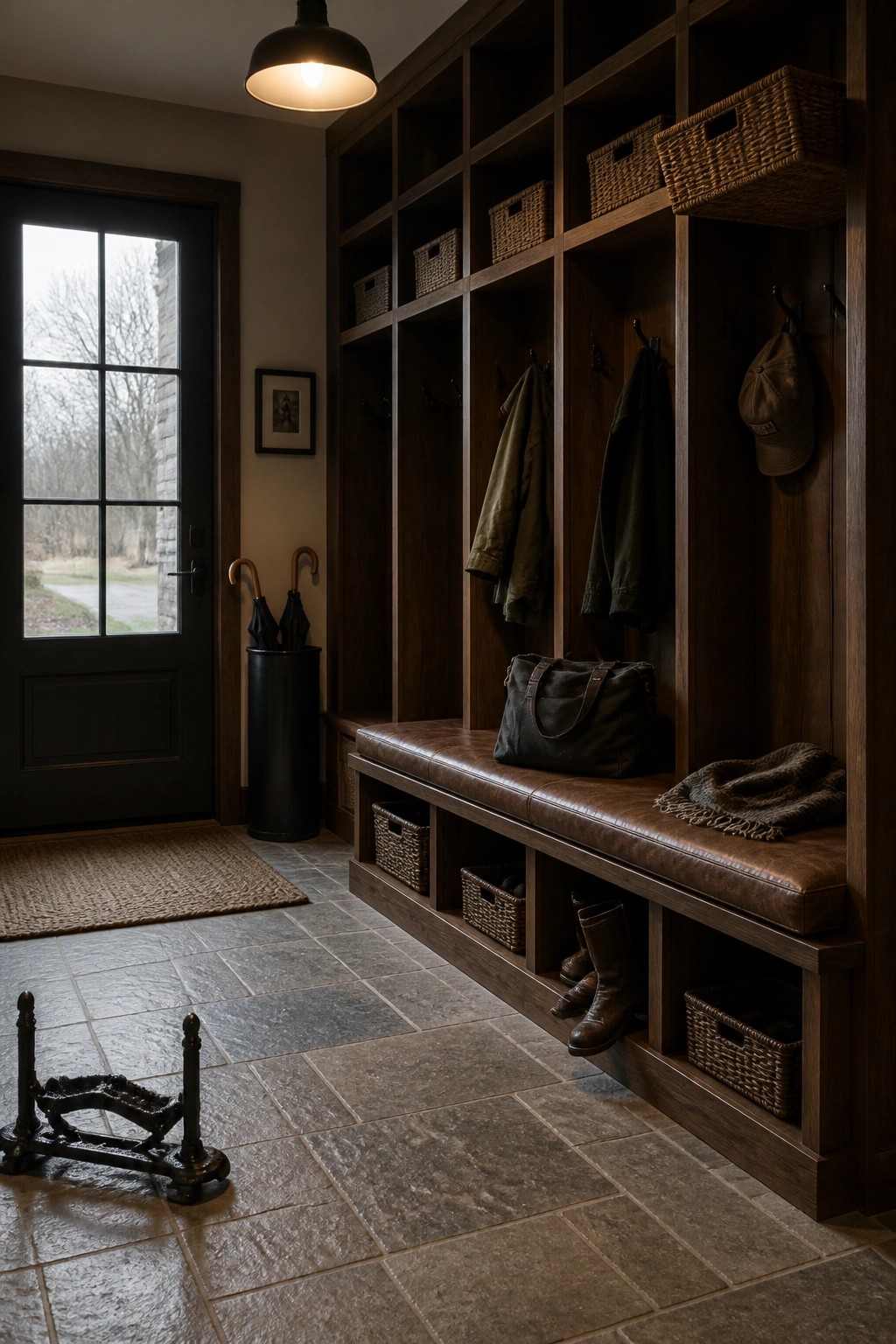 Interior view of a mudroom with dark wood built-in cubbies, a brown leather bench seat, hooks holding jackets and a cap, woven baskets, and boots stored below.
