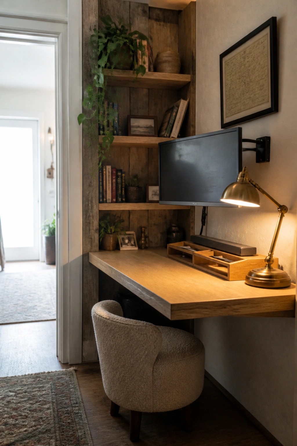 A wooden built-in desk with floating shelves holding books and plants, a mounted monitor, brass desk lamp, and upholstered chair in a rustic interior.