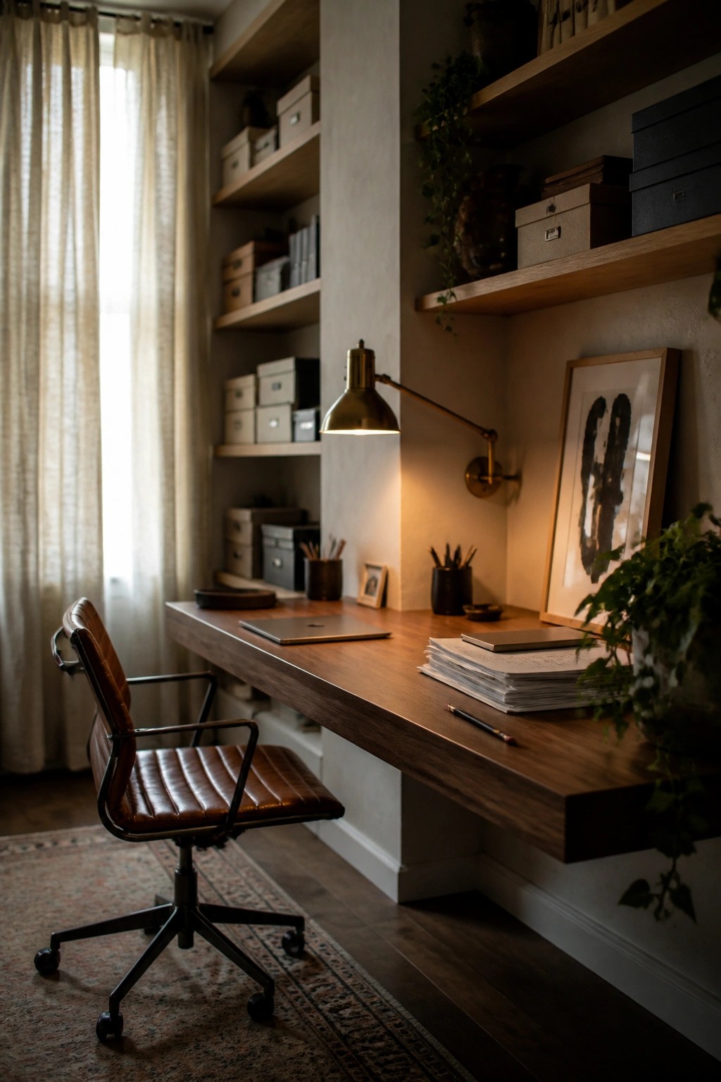 A home office featuring a long floating wooden desk with open shelves above, a brown leather swivel chair, and a wall-mounted task lamp.