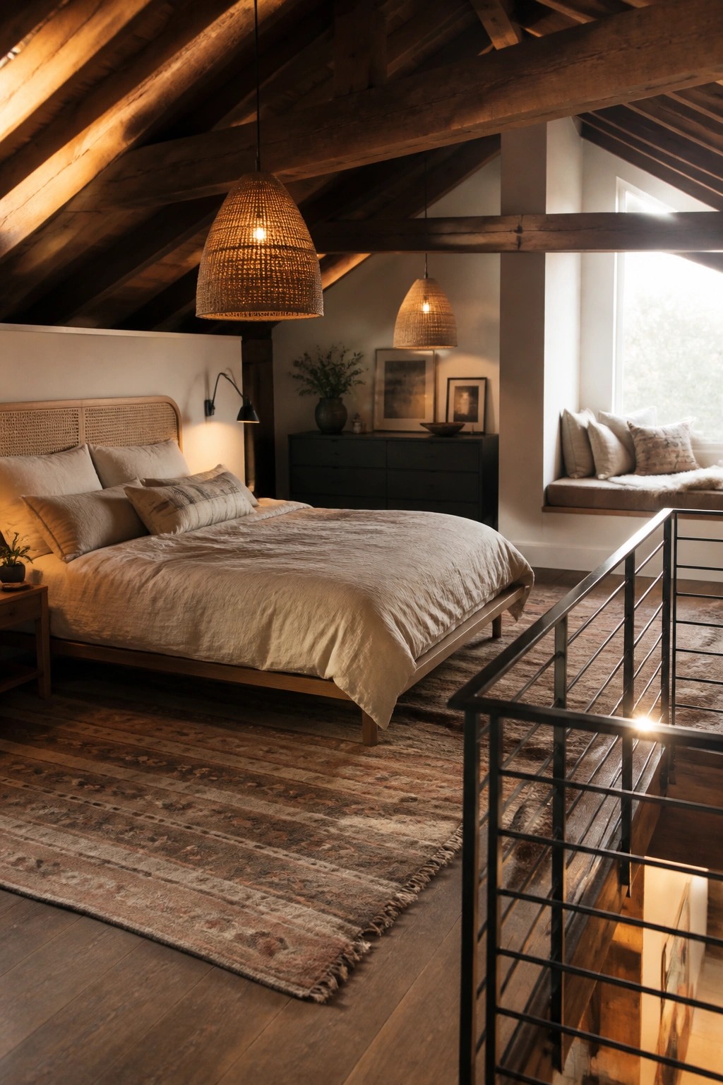 Cozy attic bedroom with wooden beams, woven pendants, neutral bedding, and layered rugs