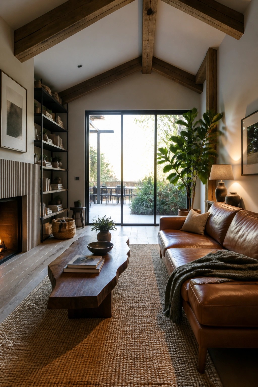 A living room interior with a vaulted ceiling showing large exposed wooden beams, a brown leather sofa, a live-edge wooden coffee table on a woven rug, and a lit fireplace on the left wall.