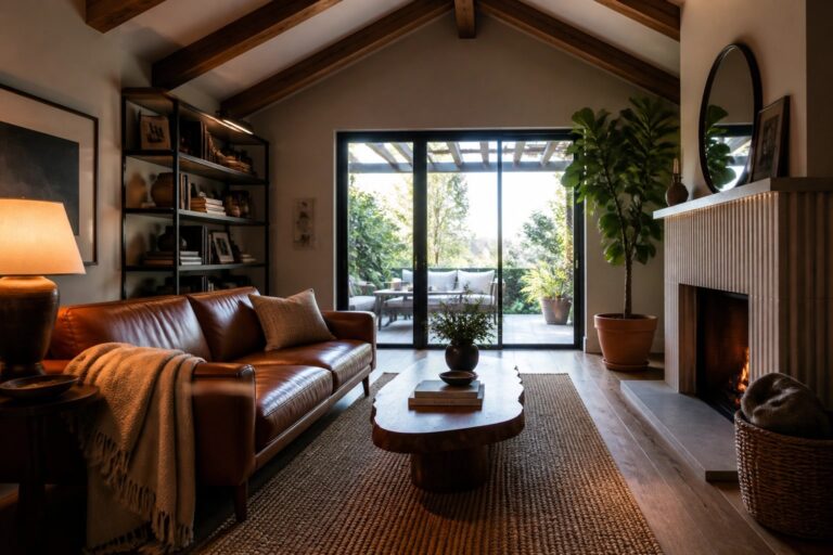 A living room interior with a vaulted ceiling showing large exposed wooden beams, a brown leather sofa, a live-edge wooden coffee table on a woven rug, and a lit fireplace on the left wall.
