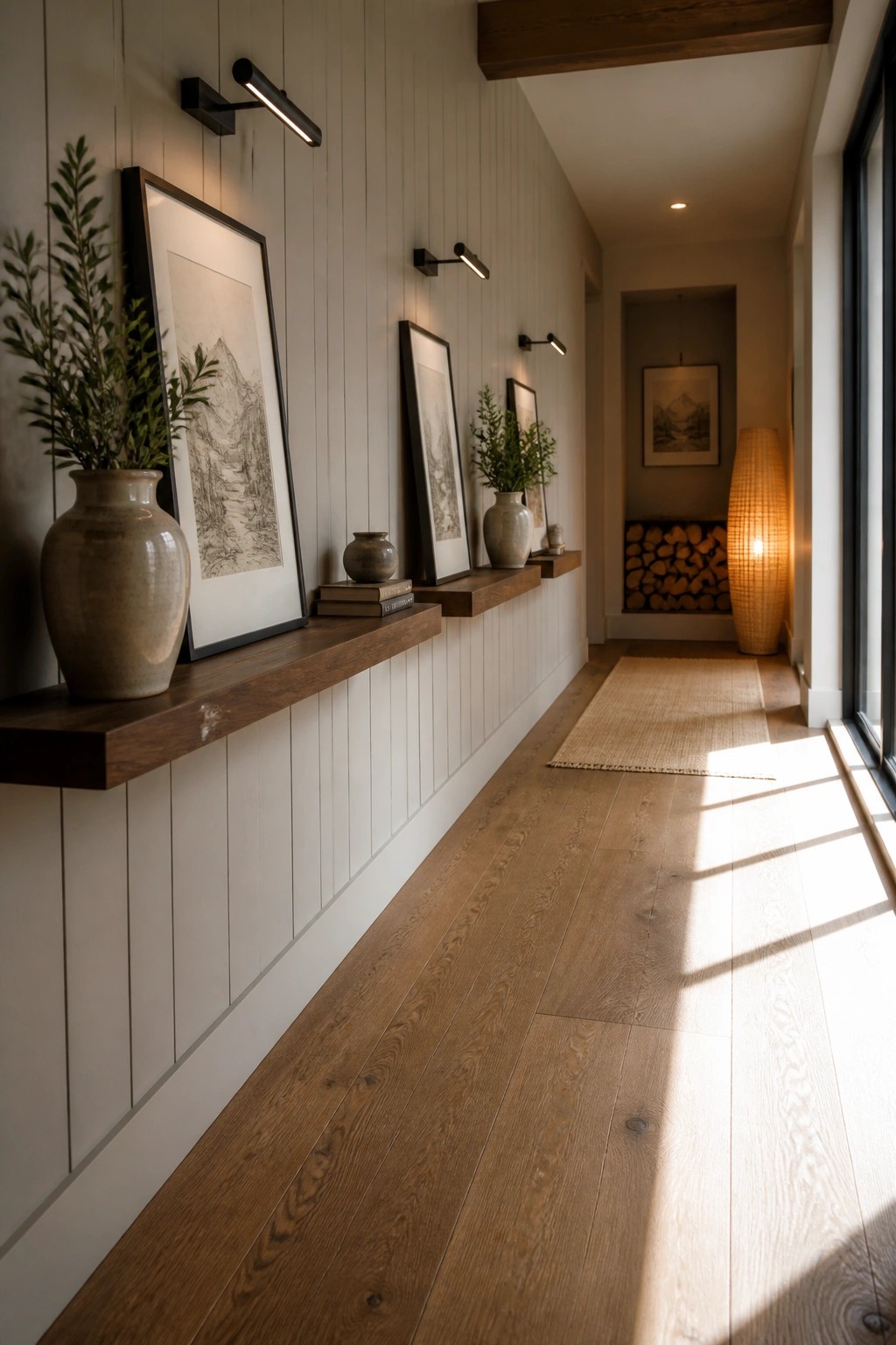 A long interior hallway with white vertical paneling, dark wood floating shelves displaying framed sketches and ceramic vases, and light wood flooring with natural light from the side.