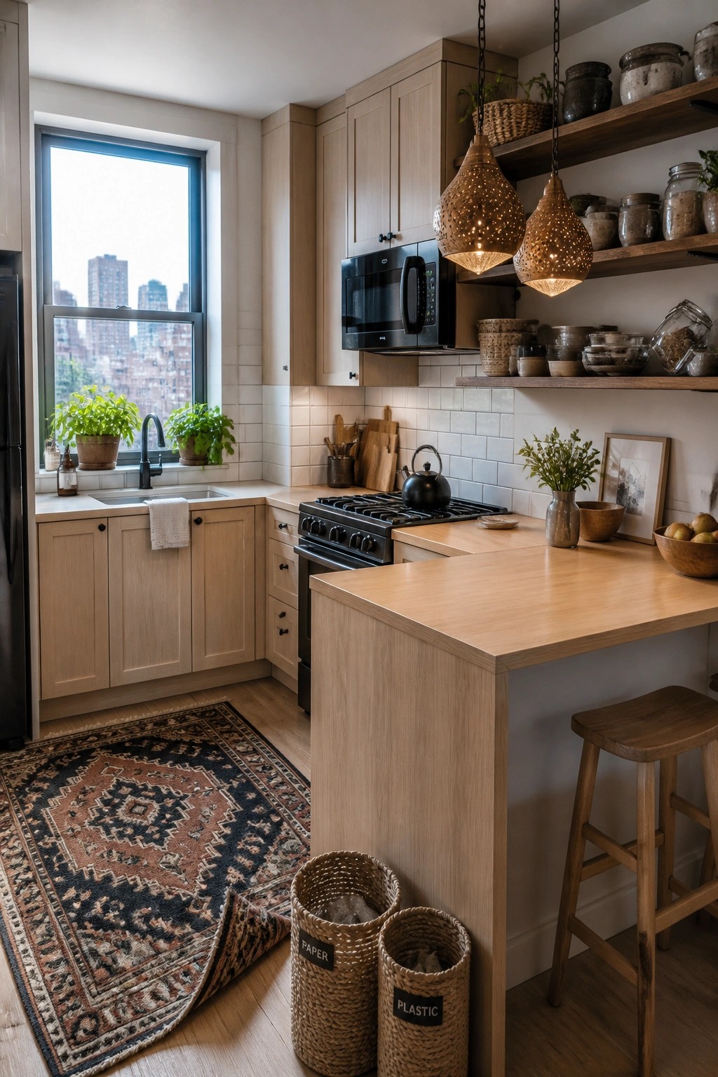 A kitchen with light wood cabinets and a matching wooden island, open shelves holding pottery and baskets, and a black stove under a microwave.
