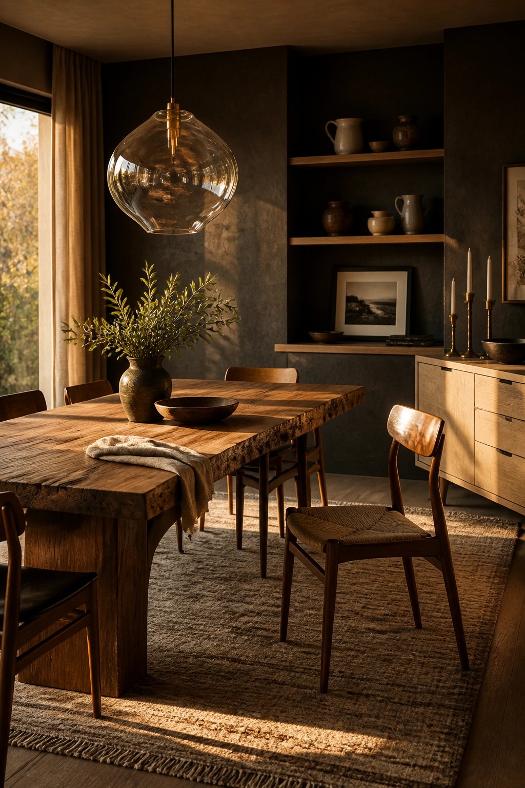 A dining room featuring a large live-edge wooden table with mixed wooden chairs on a woven rug, a glass pendant light above, and built-in dark shelves holding pottery and framed art.