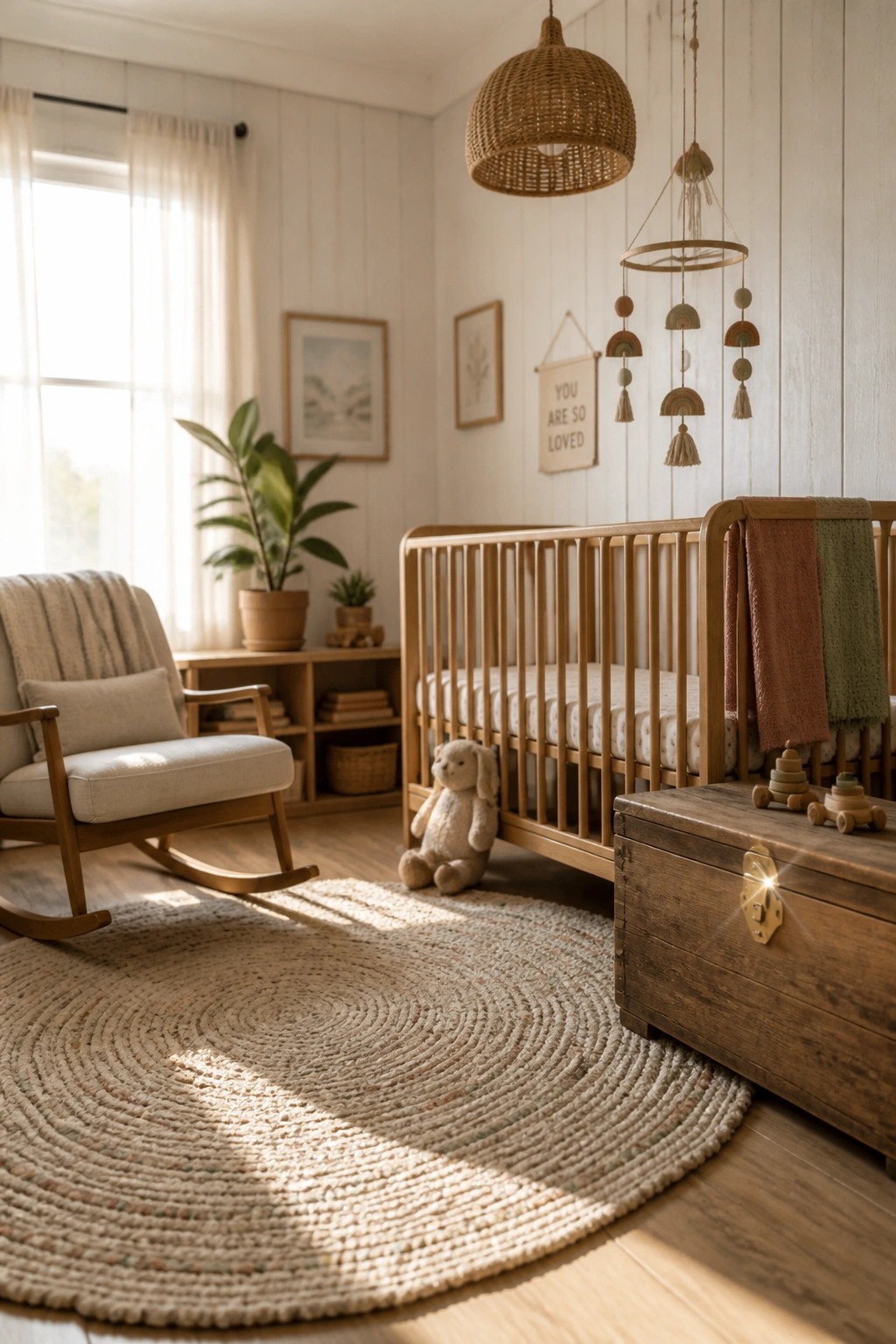 Cozy nursery with wooden crib, rocking chair, round rug, and hanging mobile