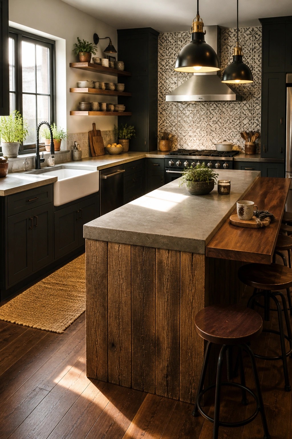 A modern kitchen with dark cabinets and a large central island featuring a rustic wood base, concrete countertop, and several wooden bar stools.
