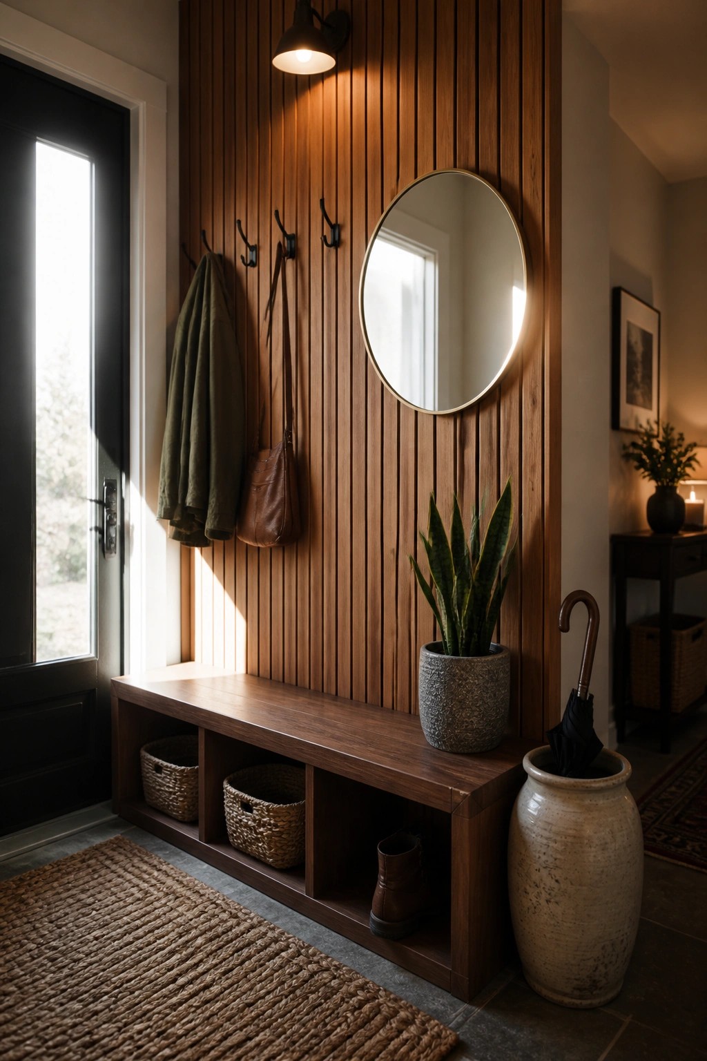 A modern entryway with vertical wood slat walls, black hooks holding a coat and bag, a round mirror, a wooden storage bench with baskets and boots, a potted plant, and a large ceramic umbrella holder.