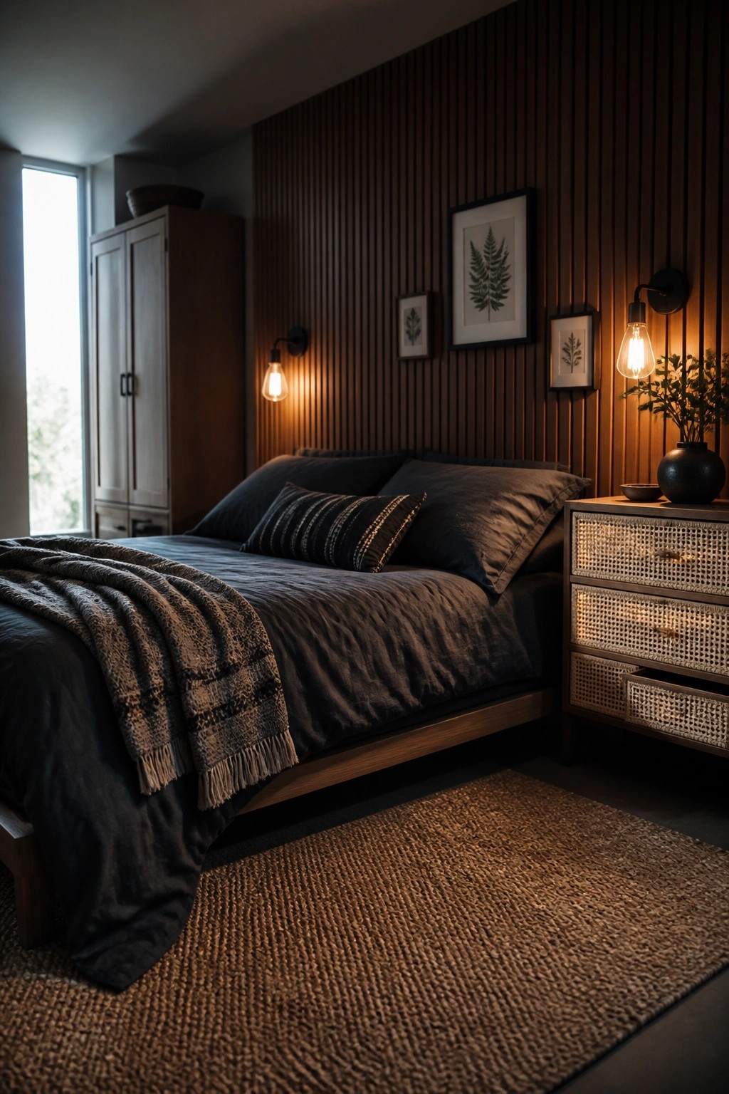 A bedroom with a dark wood vertical slat accent wall behind the bed, black bedding, woven nightstands, and warm wall sconce lighting.