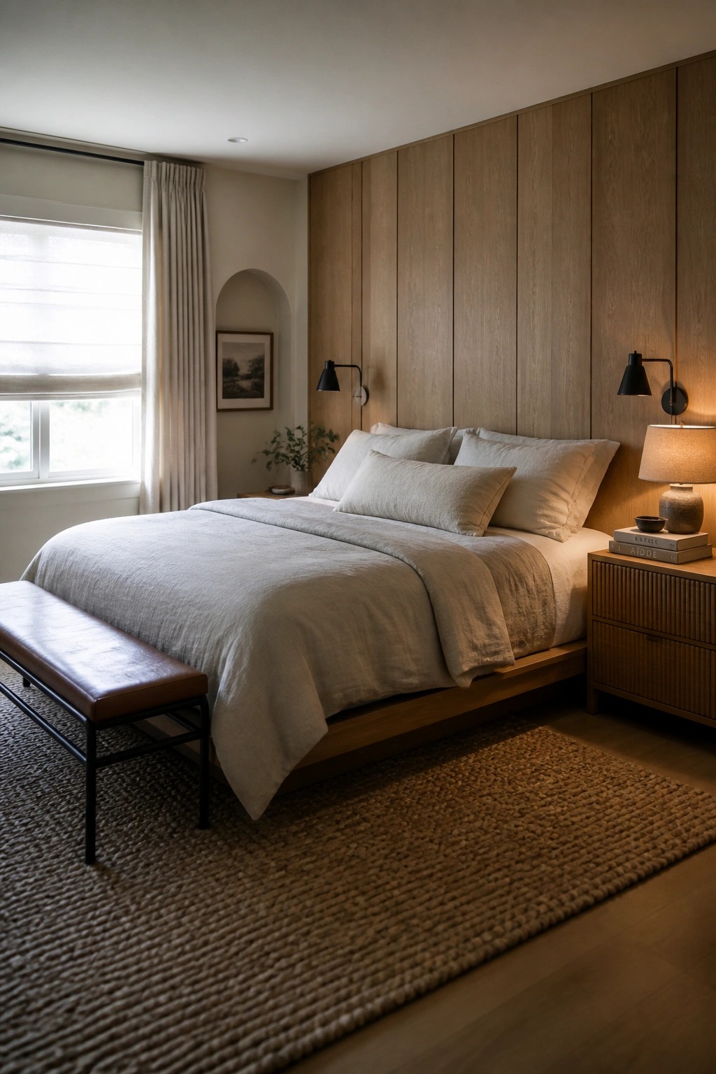 A modern bedroom with a full-height wood accent wall behind a bed dressed in light linen bedding, flanked by black wall sconces and a wooden nightstand.