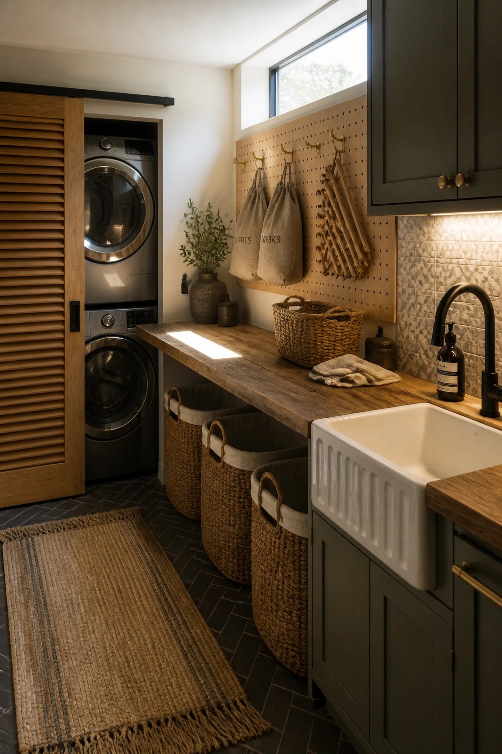 A laundry room featuring a long wooden countertop with a white sink, pegboard storage above, and woven baskets lined up underneath next to a stacked washer and dryer.