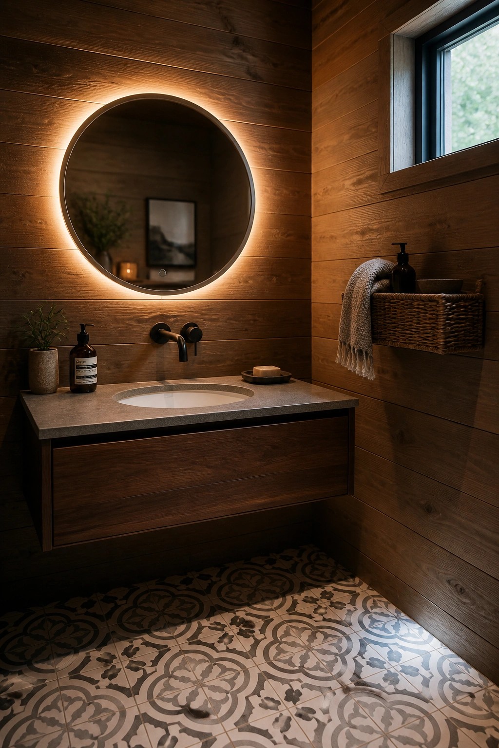 A bathroom with dark wood shiplap walls, a floating wood vanity topped with gray stone, a round backlit mirror, and patterned floor tiles.