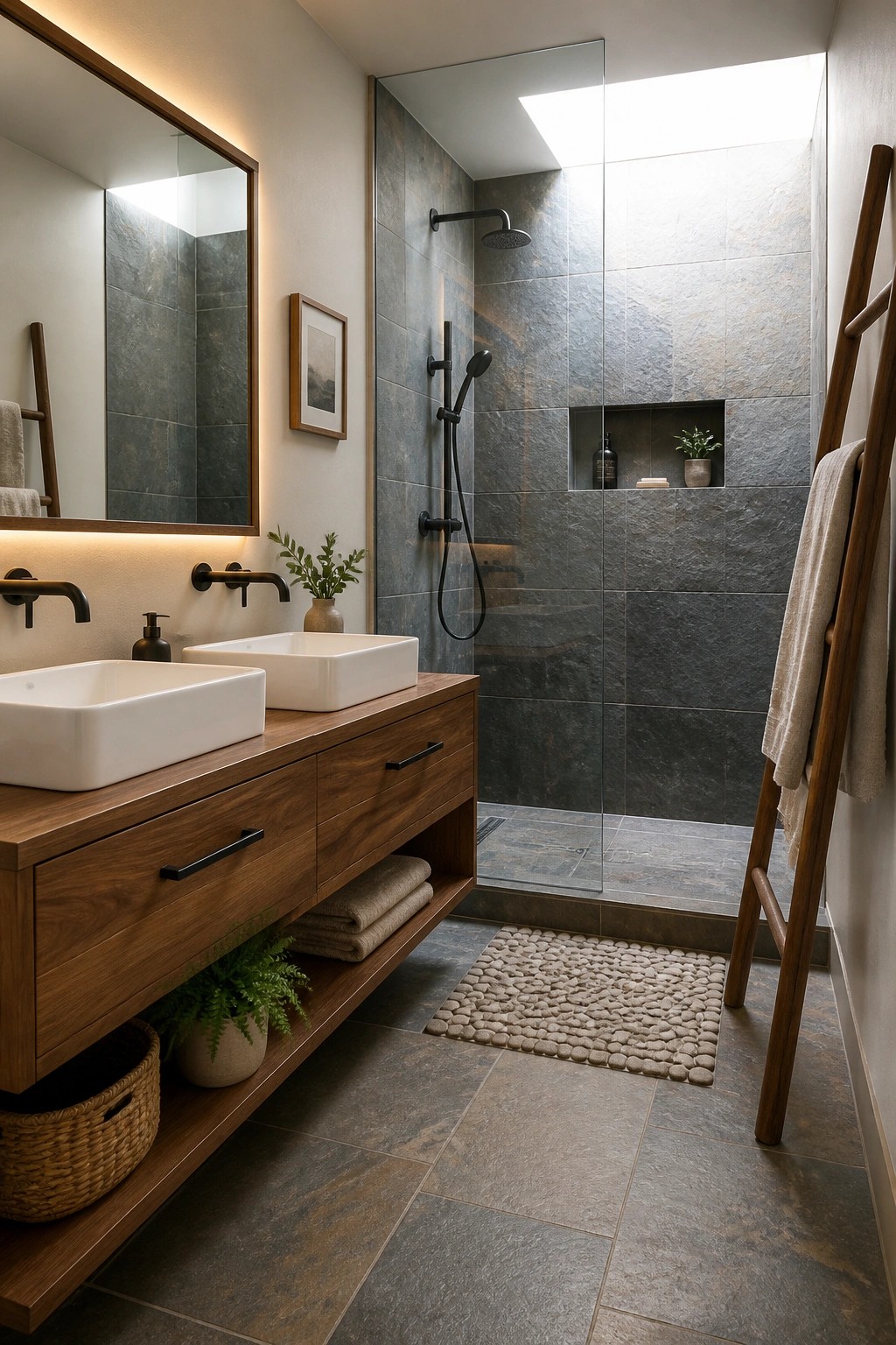 A modern bathroom with a floating wooden vanity holding two white vessel sinks, a glass shower with gray stone tiles, and a wooden towel ladder.
