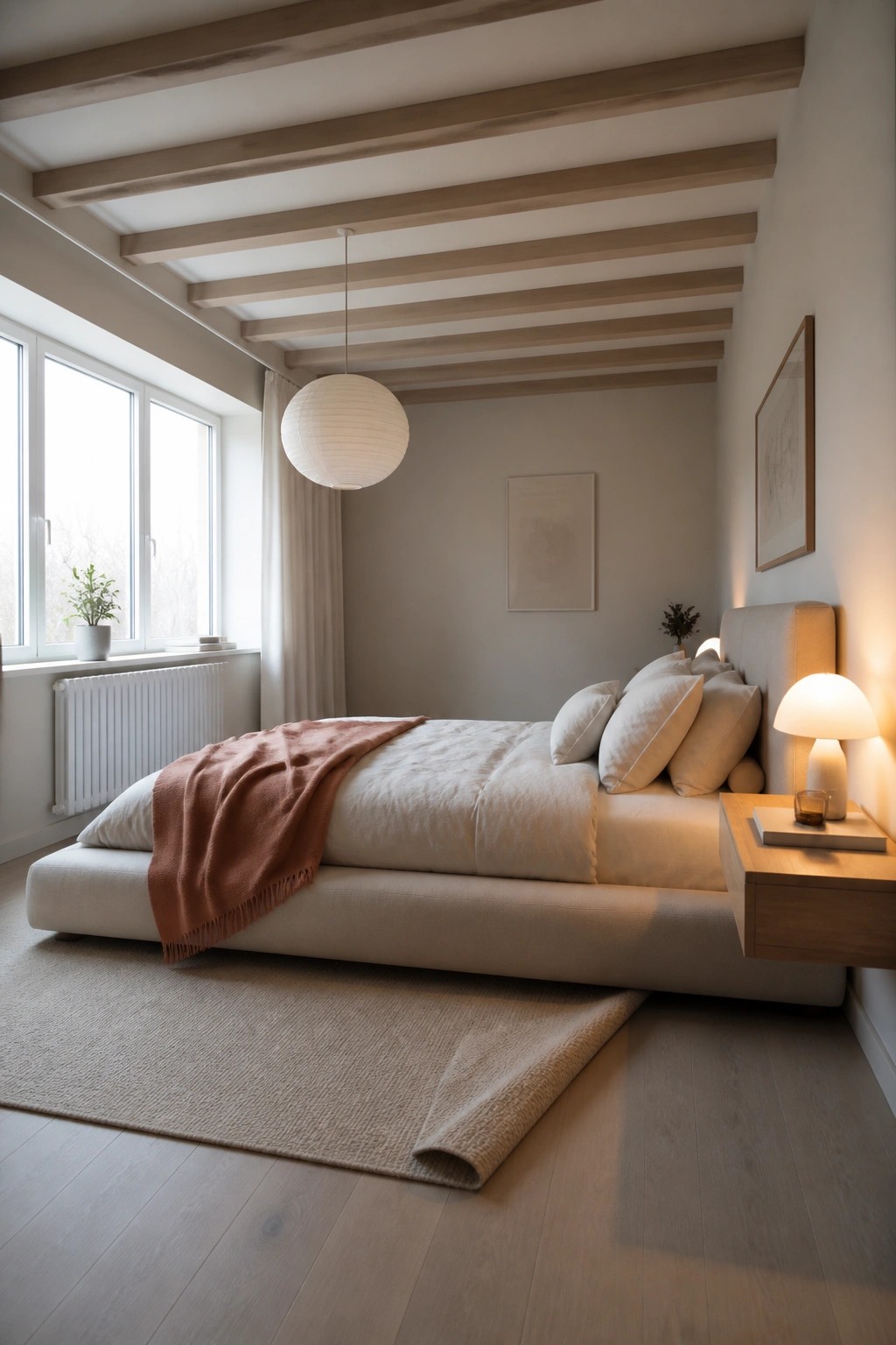 A minimalist bedroom featuring a low platform bed with white linens and a rust-colored throw, a spherical pendant light, and multiple light wood beams across the ceiling.