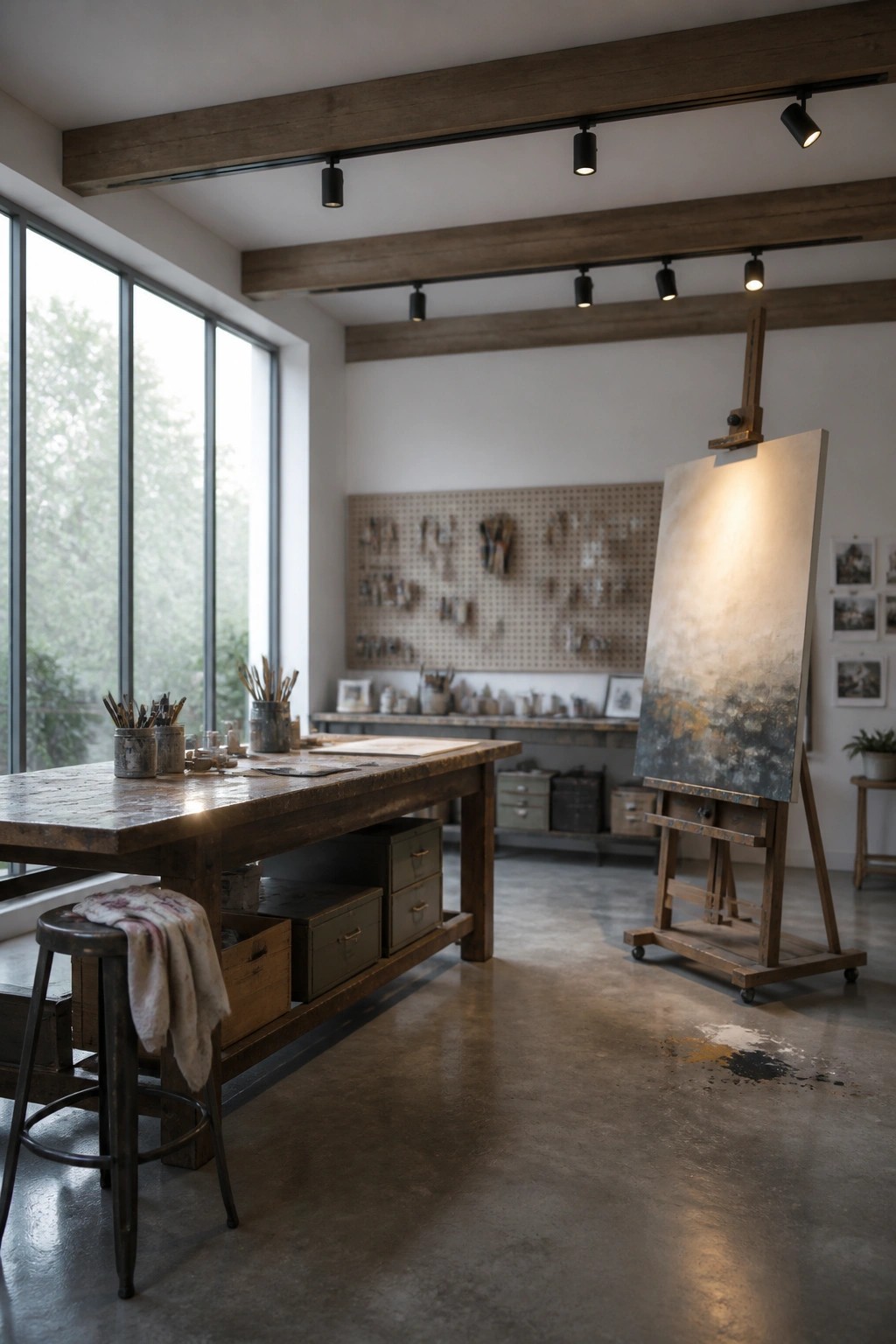 An interior view of an artist's studio showing wooden beams on the ceiling, a large wooden work table with stools, and an easel with a painting beside tall windows.