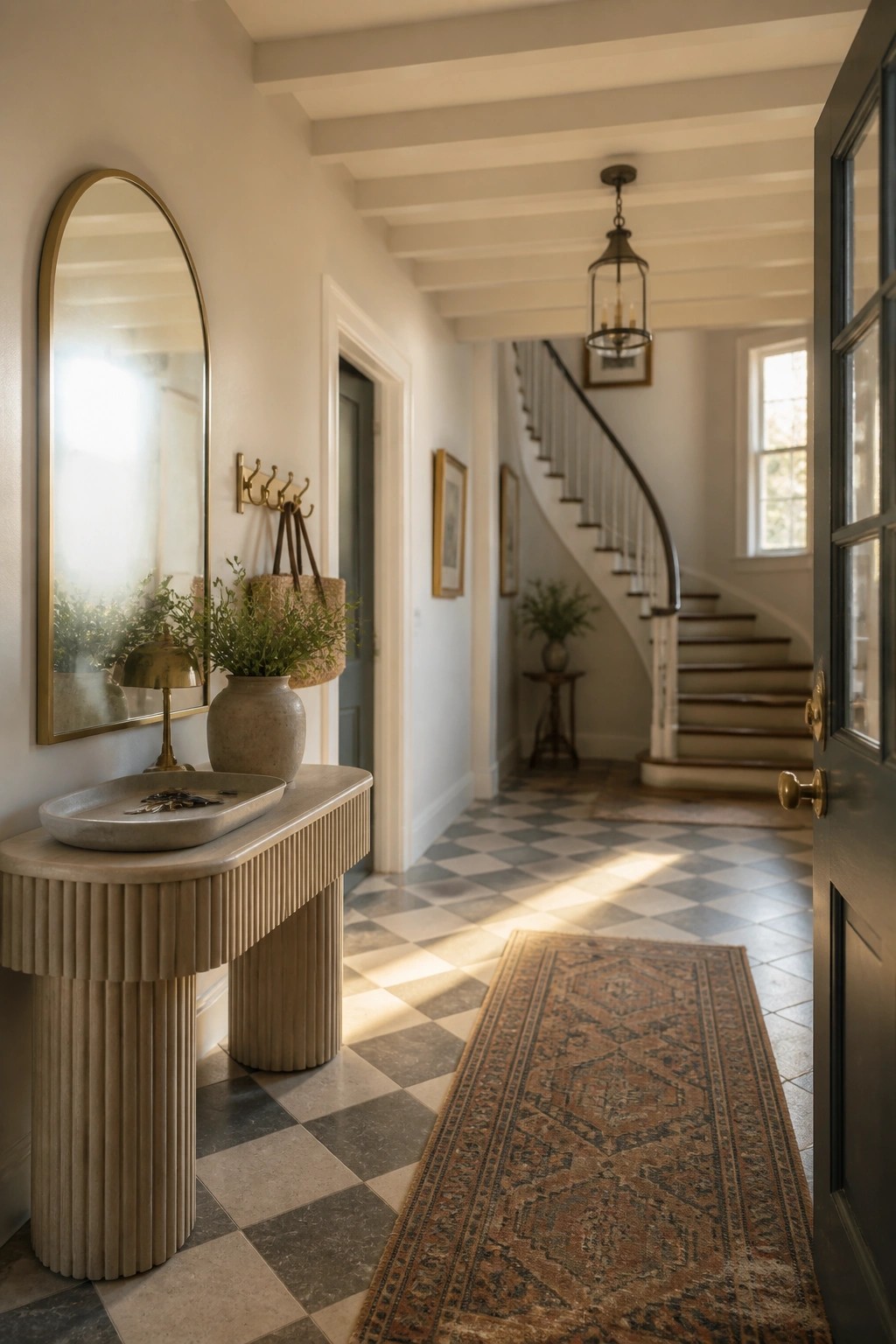 A bright interior hallway with white ceiling beams, a stone console table, arched mirror, and staircase visible in the background.
