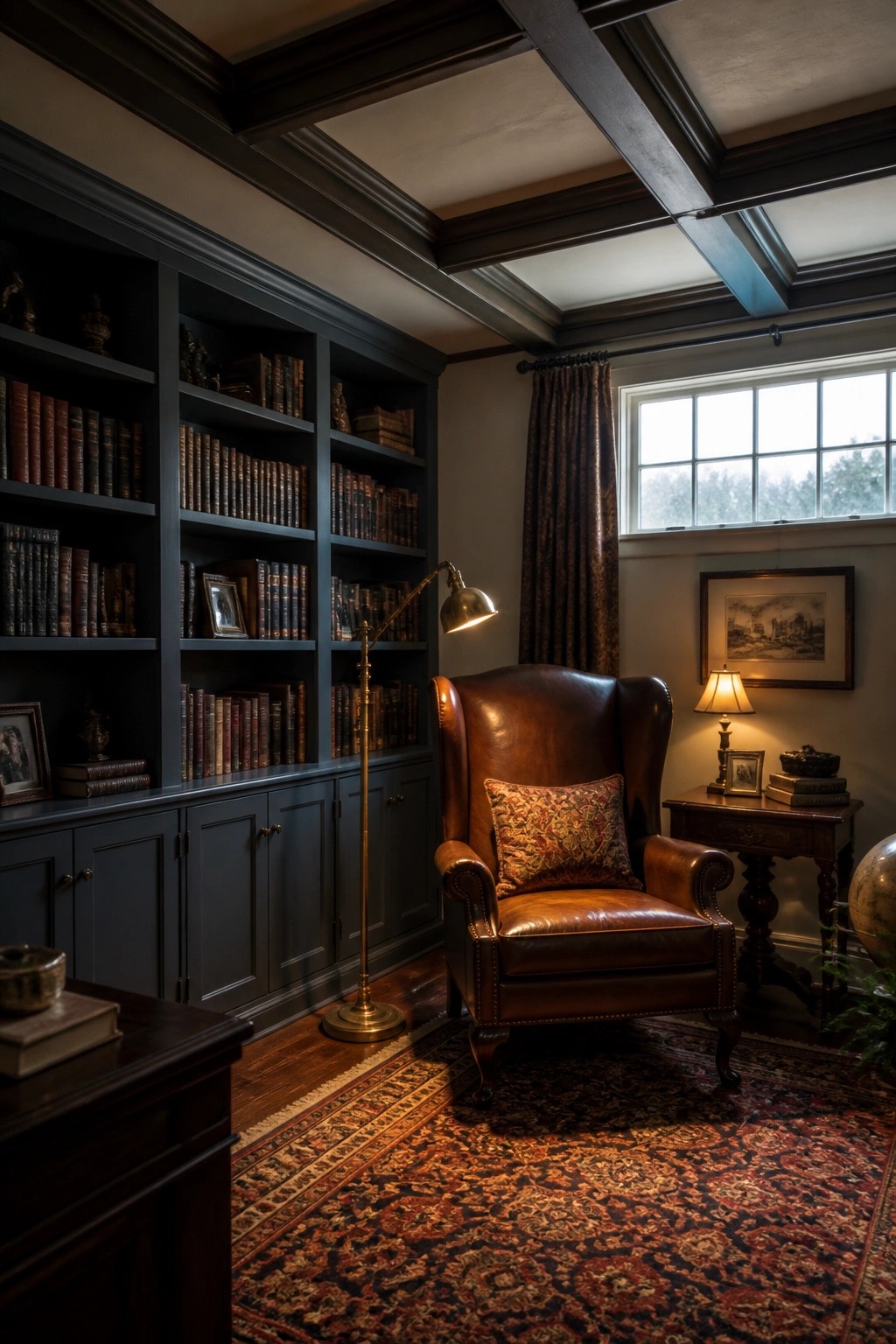 A traditional study with dark faux wood beams on the ceiling, built-in bookshelves, a brown leather wingback chair, and a patterned rug.