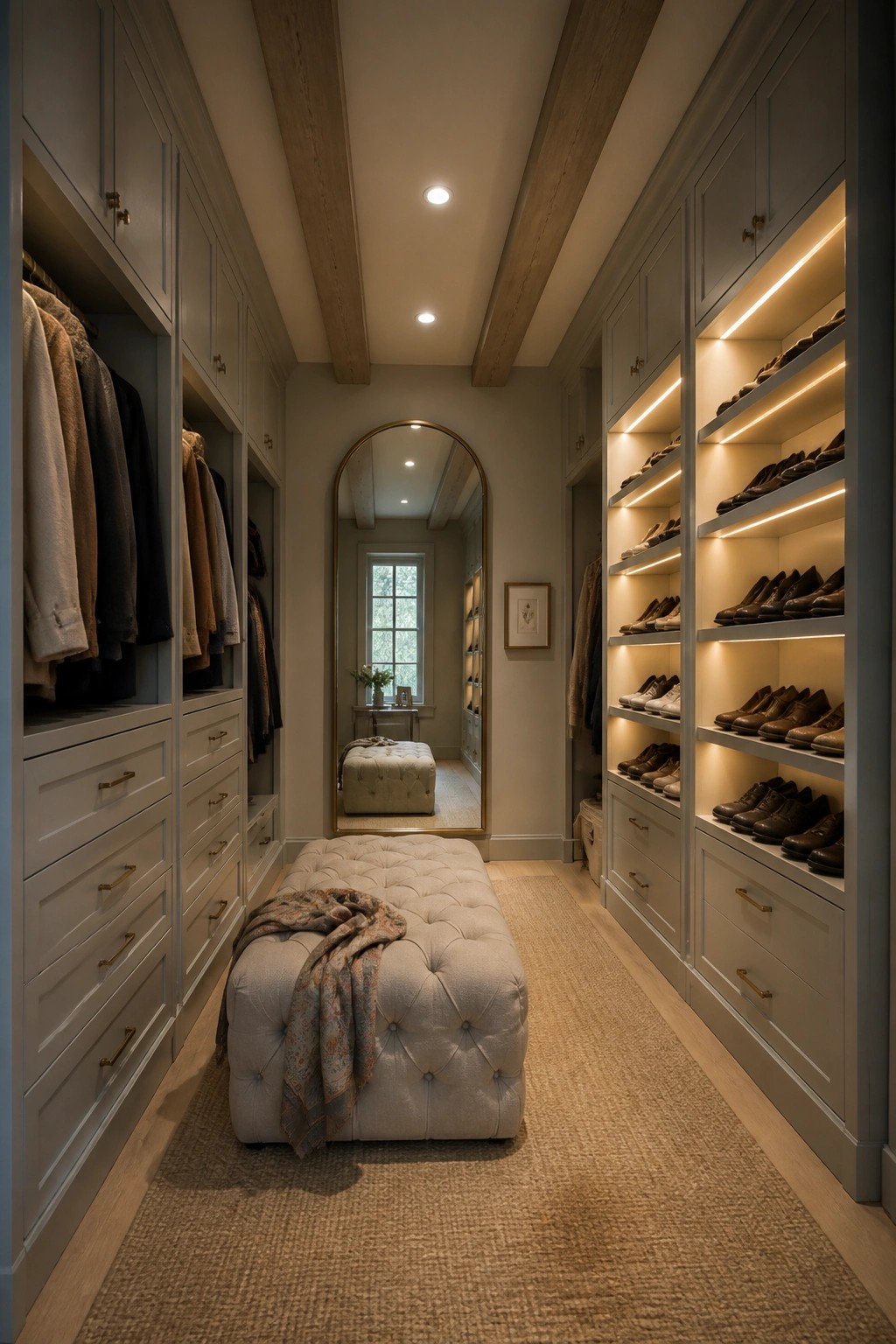 A narrow walk-in closet with light gray built-in cabinets, illuminated shoe shelves on the right, a tufted bench in the center, and exposed wood beams running across the ceiling.