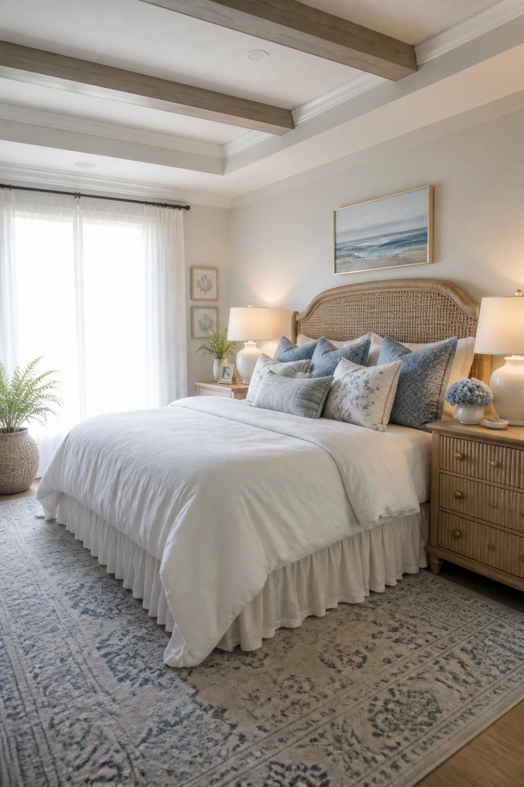 A bright bedroom with a white ceiling, two light wood beams, and a bed dressed in white linens with blue pillows.