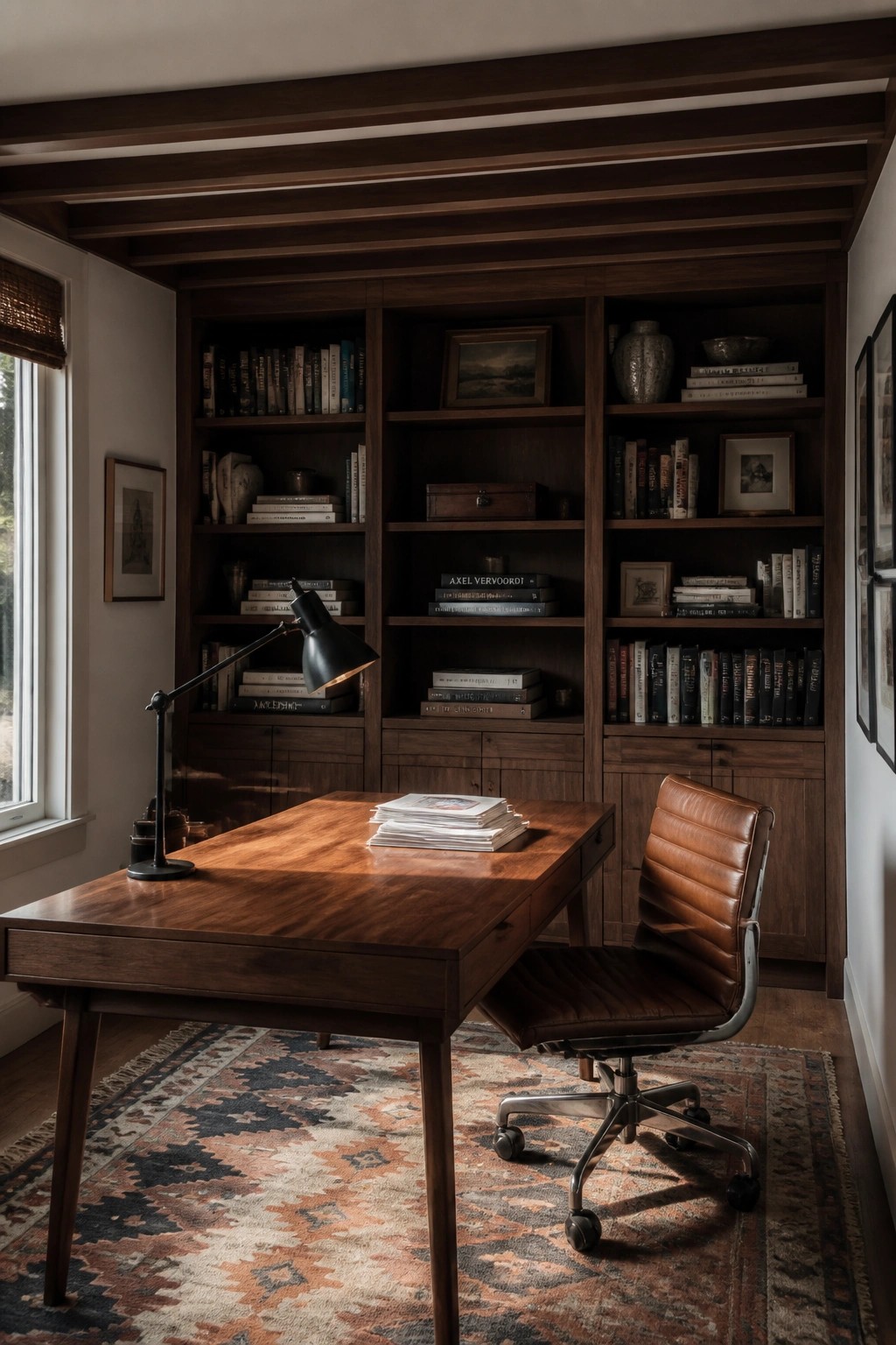 A home office featuring a wooden desk, brown leather chair, and built-in bookshelves beneath a ceiling with dark faux wood beams.