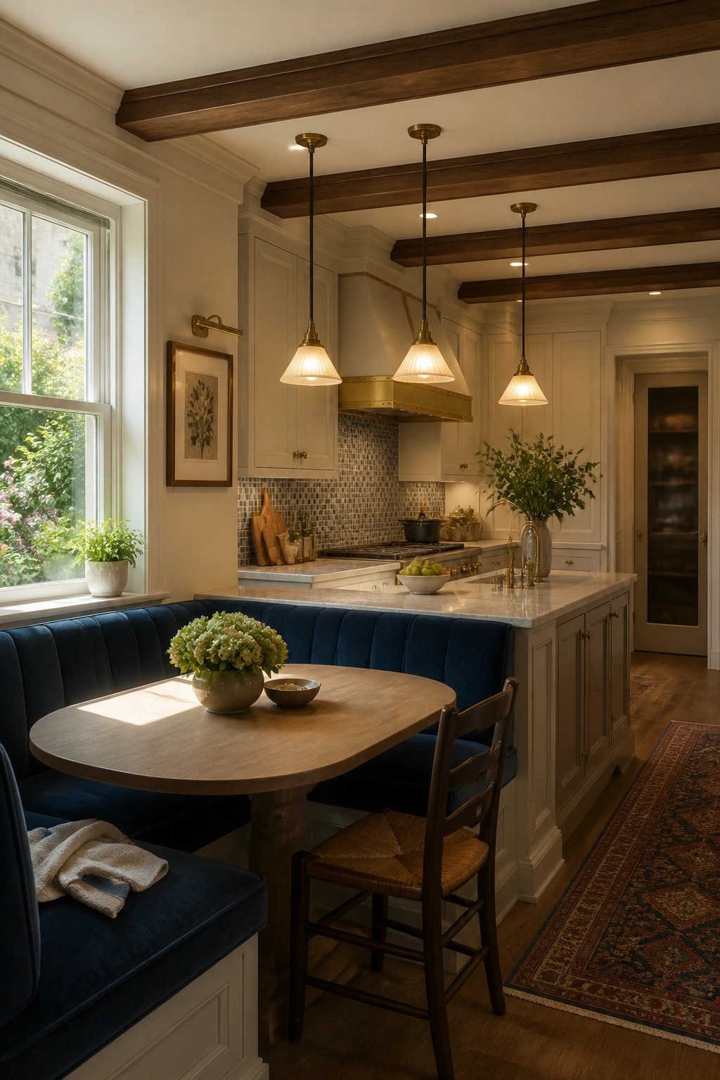 Cozy kitchen with blue velvet banquette, round wooden table, and brass pendants.