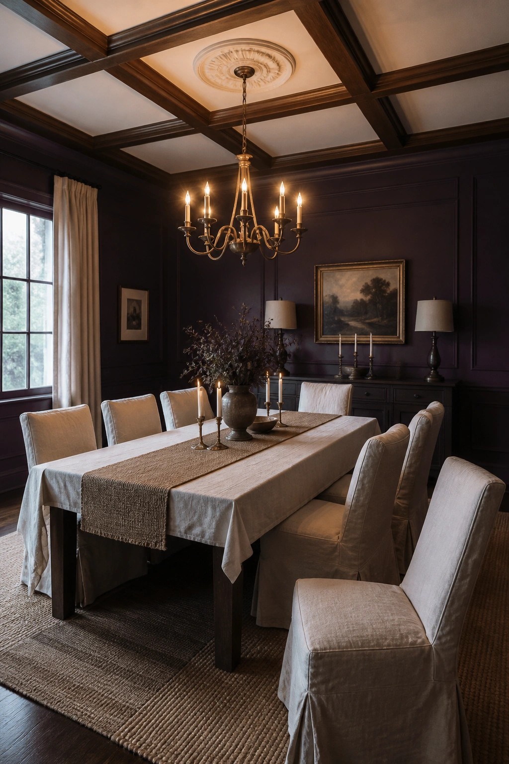 A dining room with dark purple walls, a long table with slipcovered chairs, and a ceiling with dark wood beams arranged in a grid pattern.
