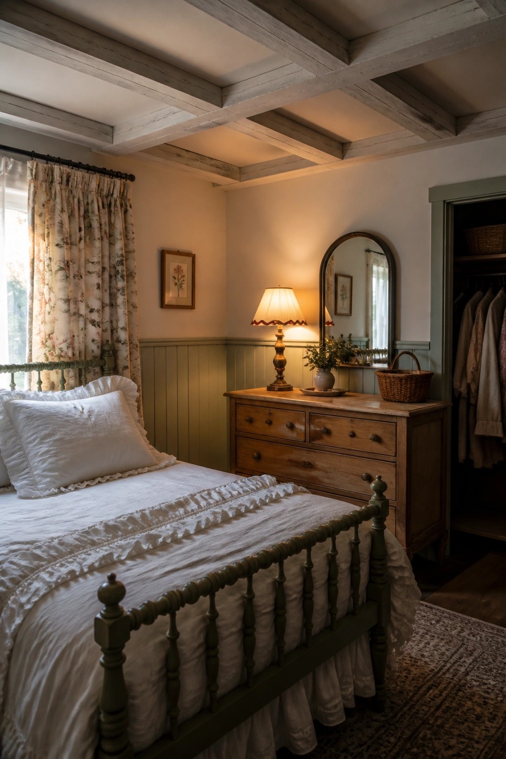 Cozy bedroom with green spindle bed, white linens, wooden dresser, and floral curtains