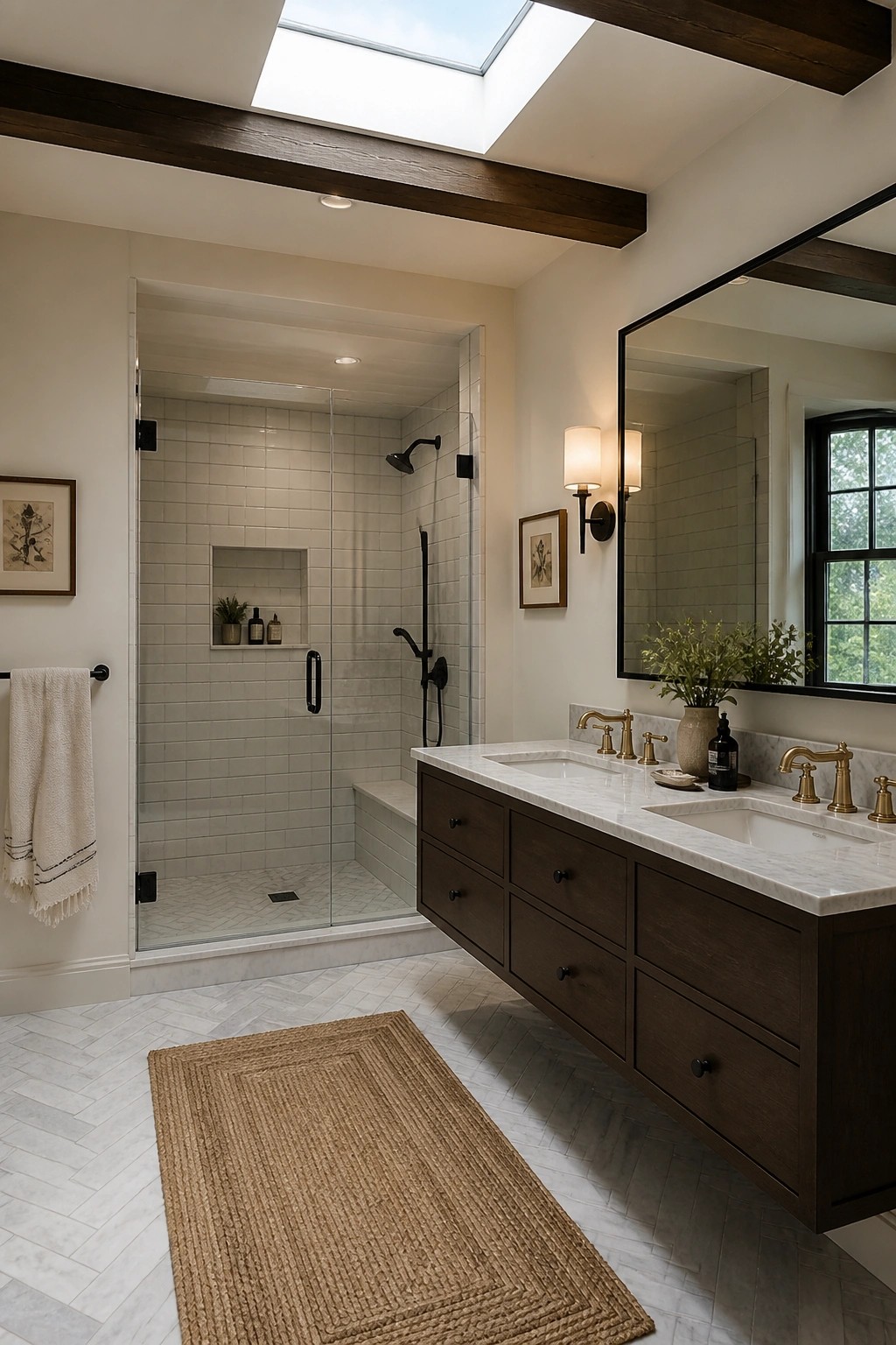 A modern bathroom with dark faux wood beams on a white ceiling, a glass-enclosed shower, and a double vanity with marble countertop.