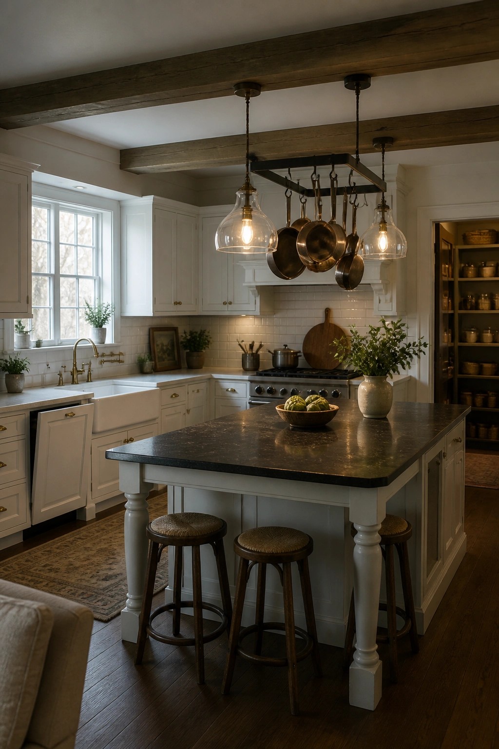 A bright kitchen with white cabinets, a large island with dark countertop, wooden stools, and dark wood beams on the ceiling.