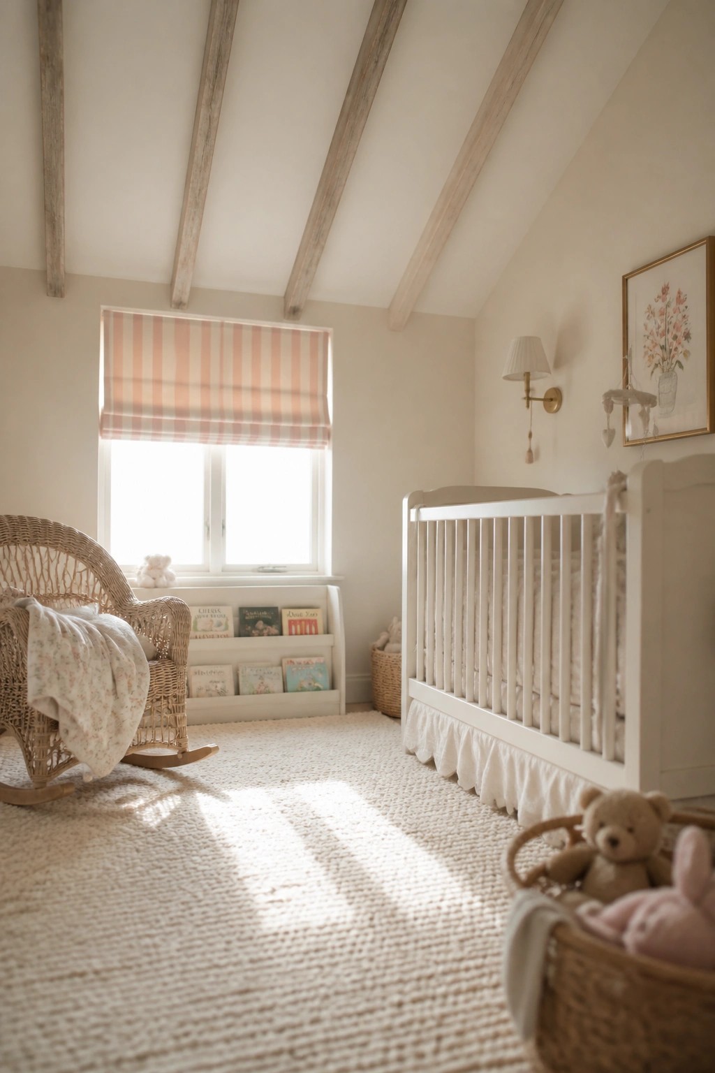 A bright nursery with a white crib, wicker rocking chair, striped window shade, and exposed wood beams across the ceiling.