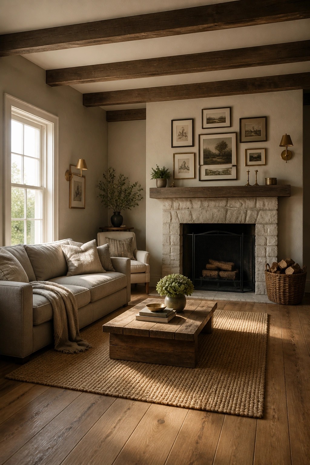 A living room interior showing a sofa, wooden coffee table, stone fireplace, and dark faux wood beams on the ceiling.