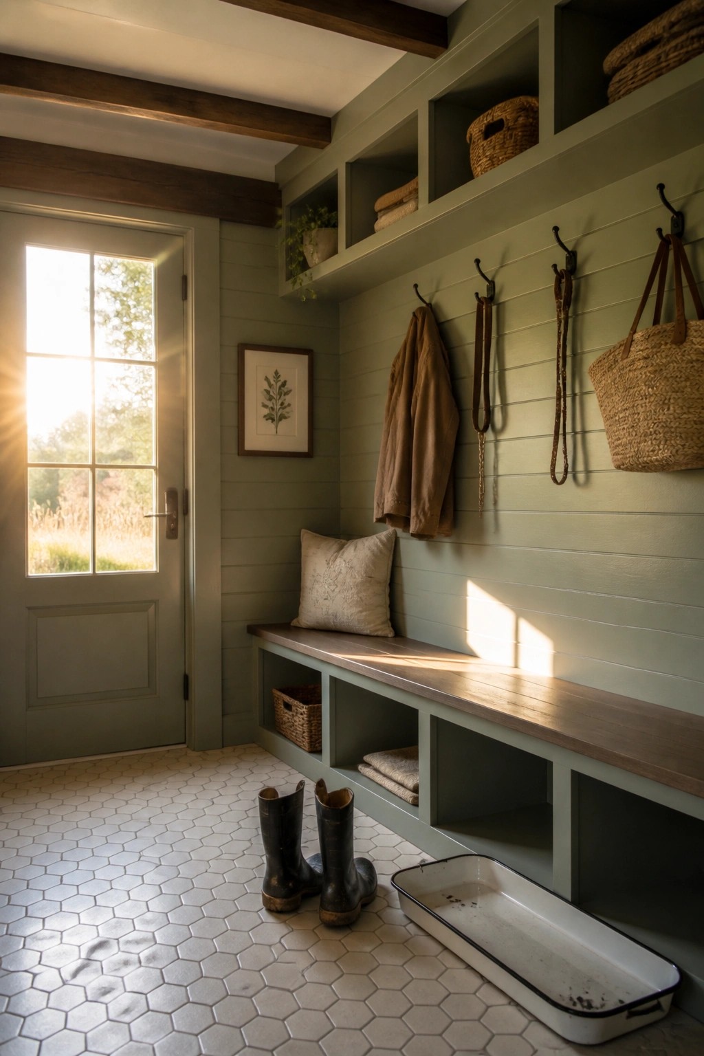 A green painted mudroom with dark faux wood beams on the ceiling, a built-in bench with cubbies, wall hooks, and a door with glass panes.