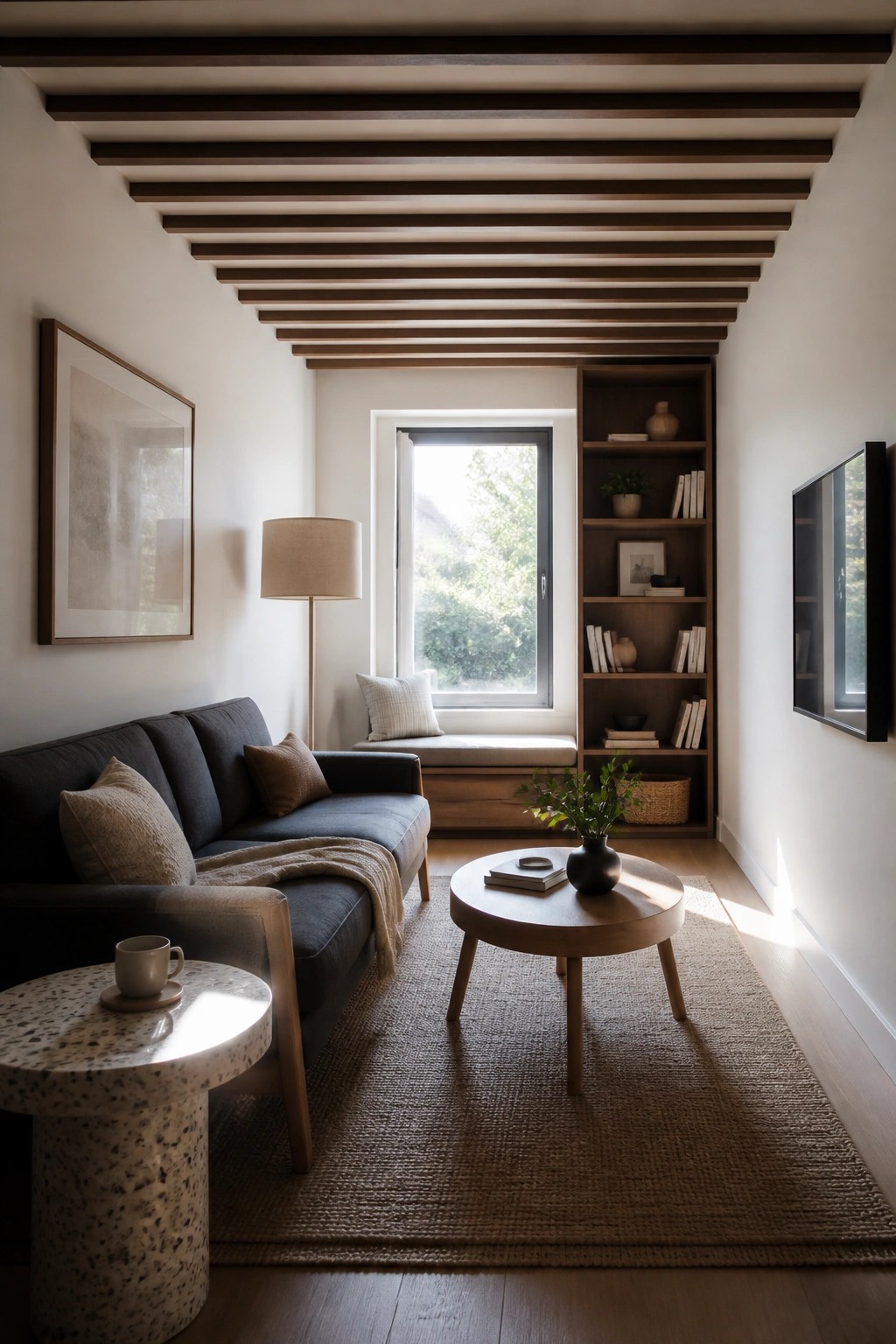 A living room with a white ceiling fitted with multiple parallel dark faux wood beams, a blue sofa, round coffee table on a rug, and a window seat below a large window.