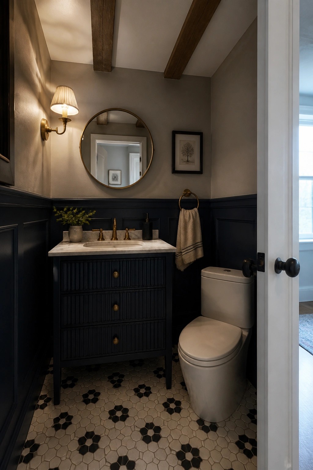 A small bathroom with dark wood beams on the ceiling, navy wainscoting, a marble-top vanity, and a round mirror above the sink.