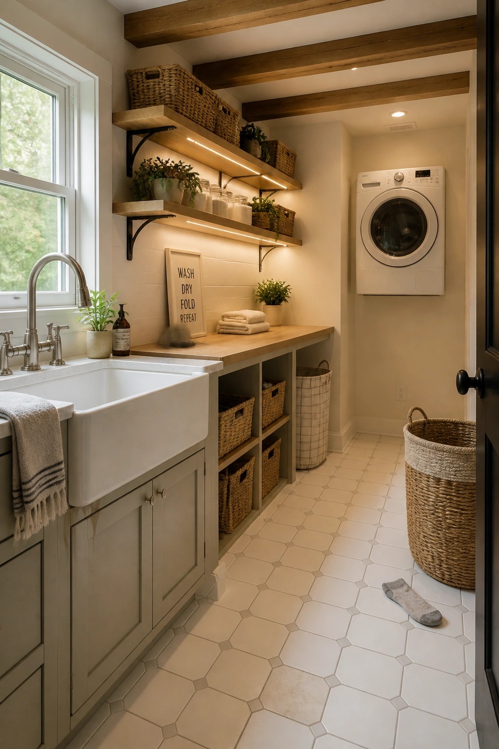 Laundry room interior with white farmhouse sink, gray cabinets, open wooden shelves holding baskets and plants, a front-loading washer, and exposed wood beams on the ceiling.
